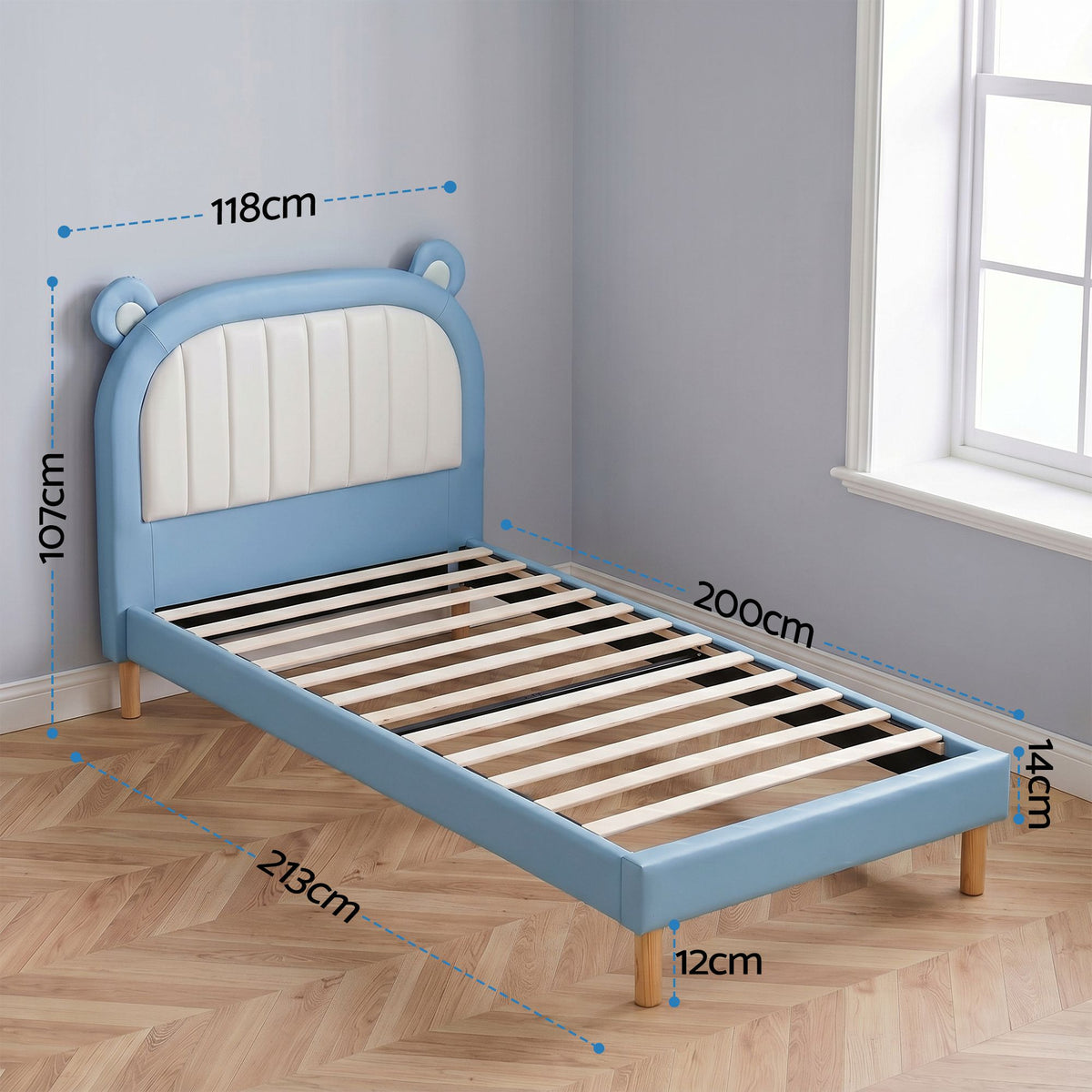 Artiss Kids King Single Bed Frame Bear Headboard Waterproof Leather Bed Blue