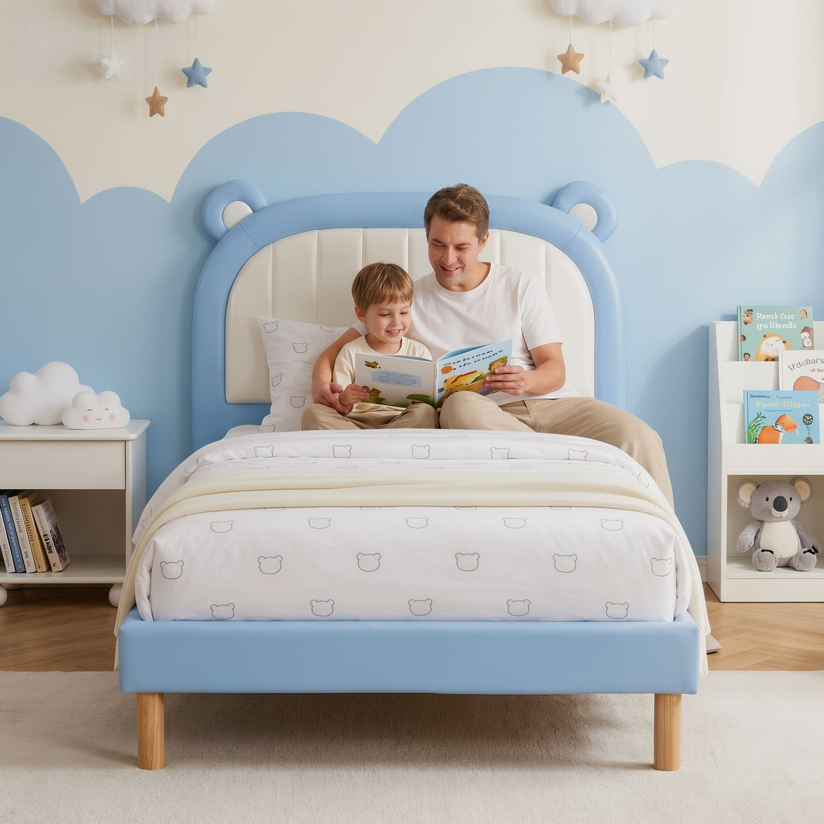 Artiss Kids King Single Bed Frame Bear Headboard Waterproof Leather Bed Blue