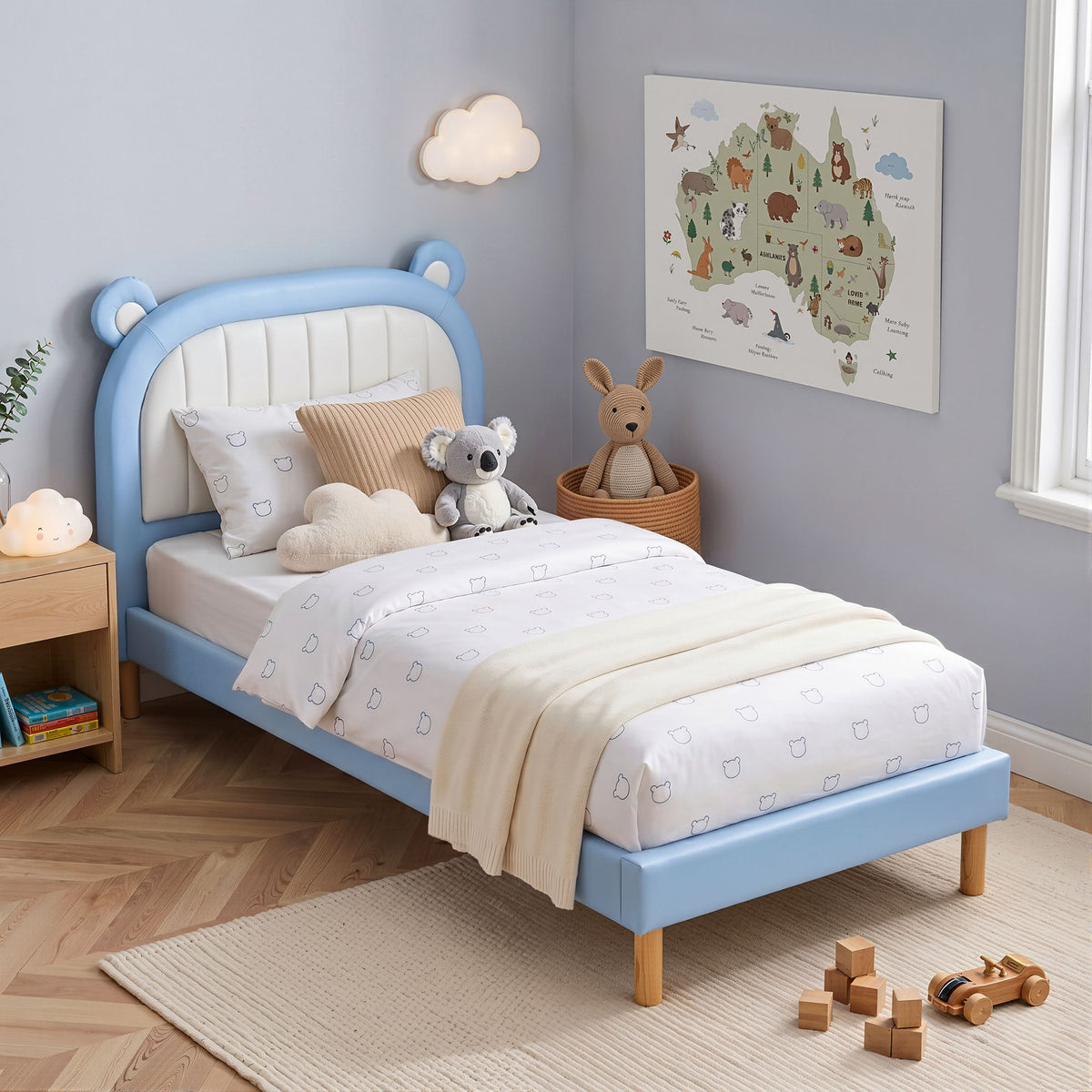 Artiss Kids King Single Bed Frame Bear Headboard Waterproof Leather Bed Blue