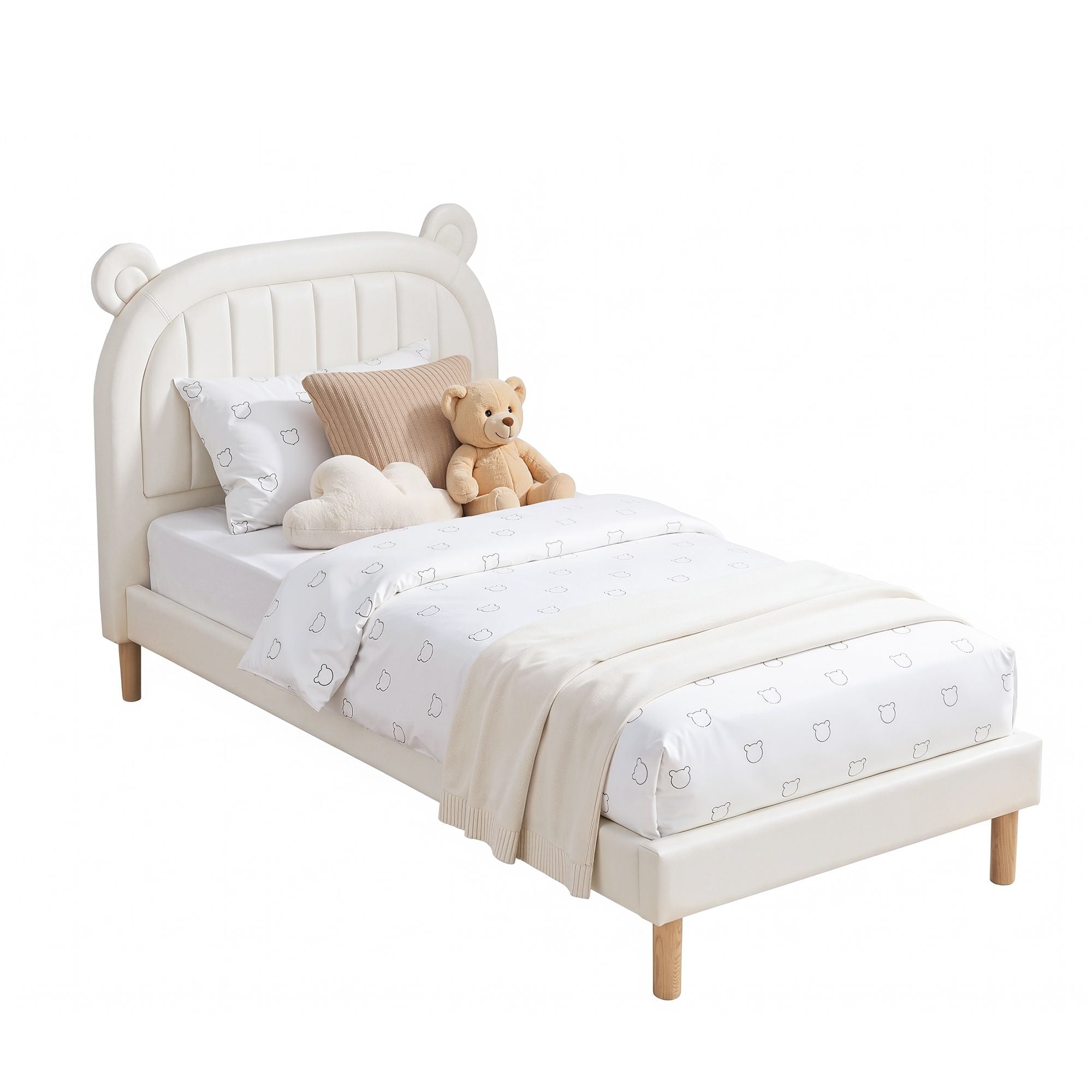 Artiss Kids King Single Bed Frame Upholstered Leather Bear Ears Headboard Bed