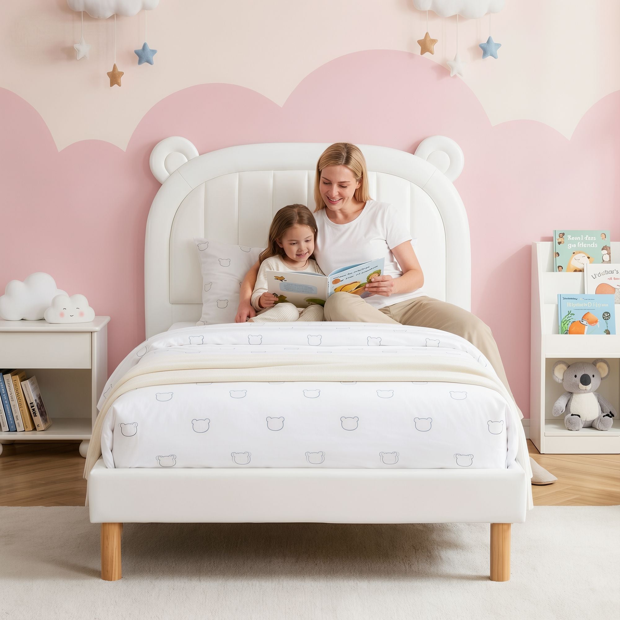 Artiss Kids King Single Bed Frame Upholstered Leather Bear Ears Headboard Bed