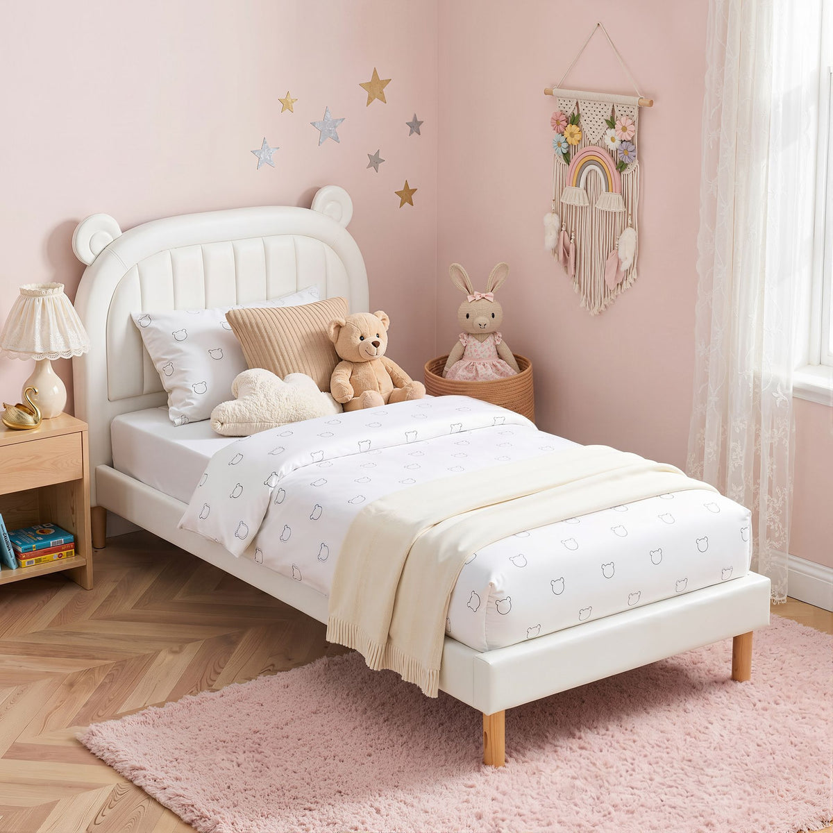 Artiss Kids King Single Bed Frame Upholstered Leather Bear Ears Headboard Bed