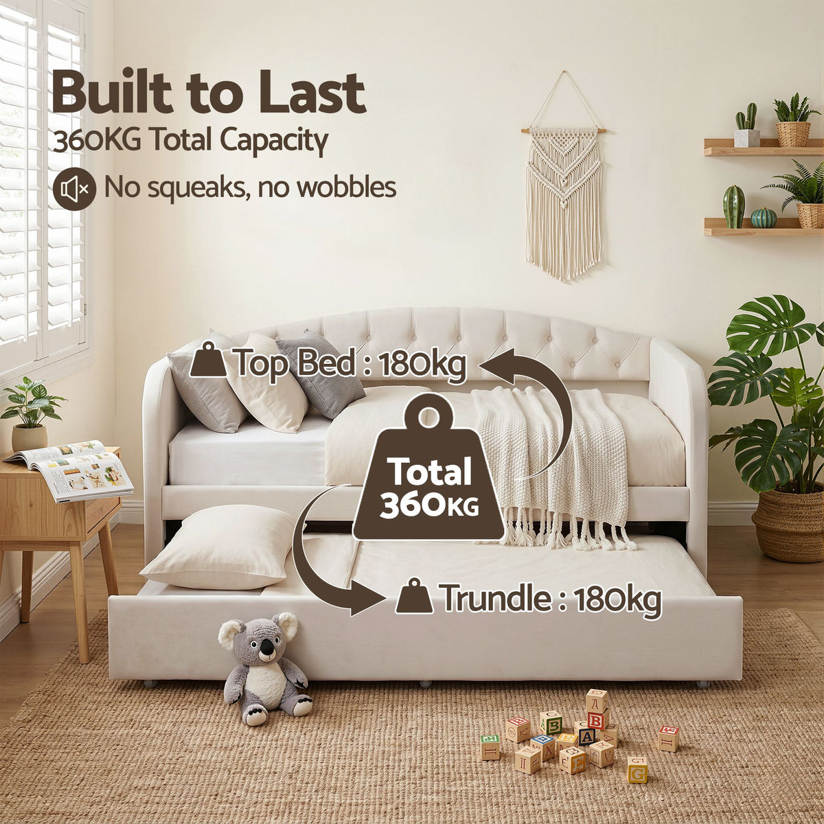 Artiss King Single Daybed Velvet Trundle Bed Frame Tufted Guest Bed