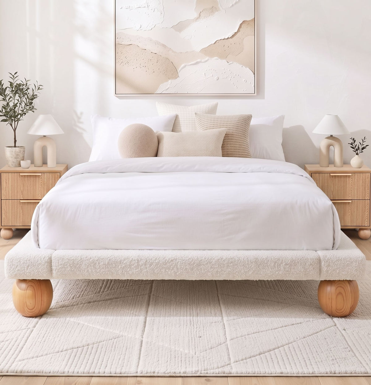 Artiss Queen Bed Frame 2 Bedside Table Set Boucle Platform Rubberwood
