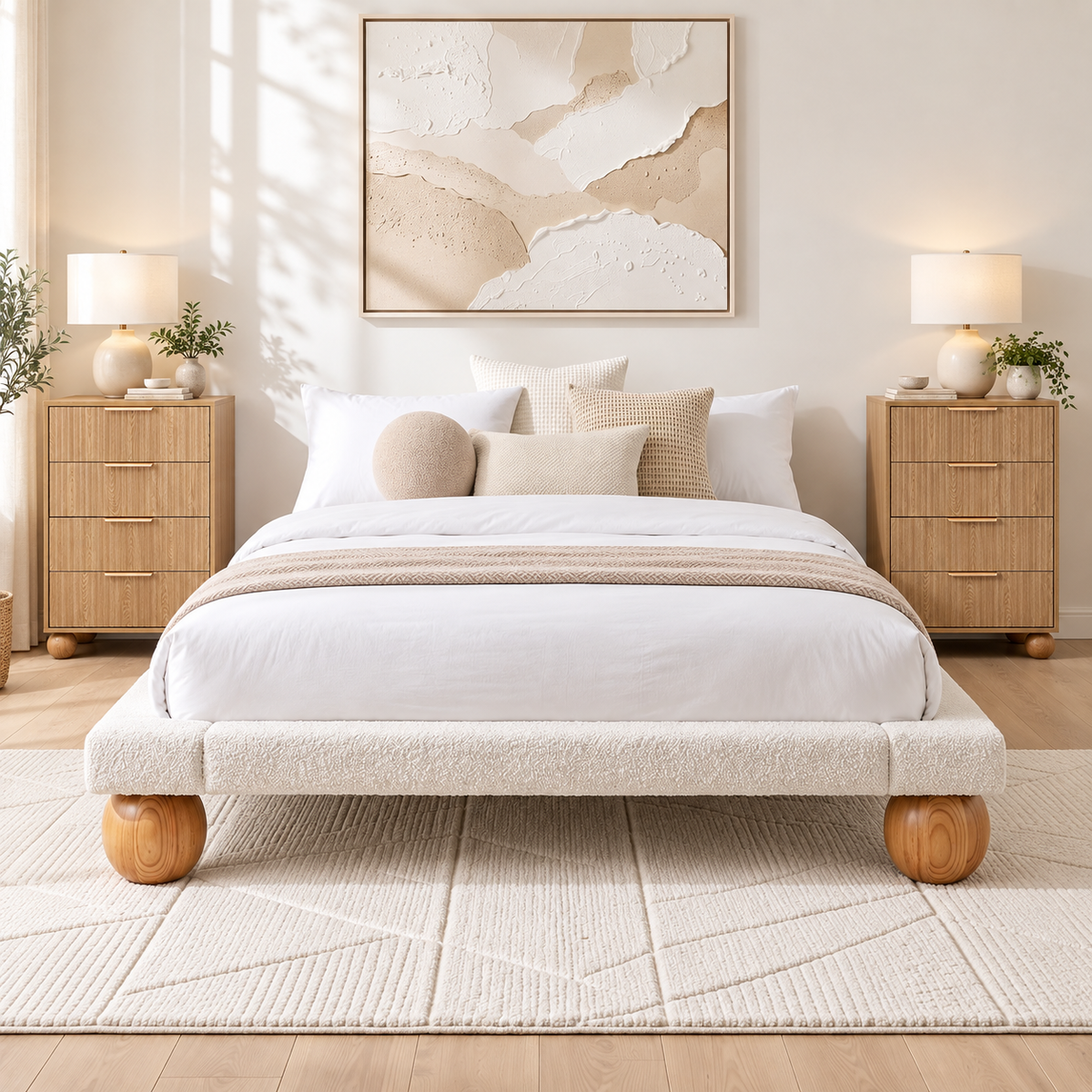 Artiss Queen Bed Frame 2 Chest of Drawers Boucle Platform Rubberwood