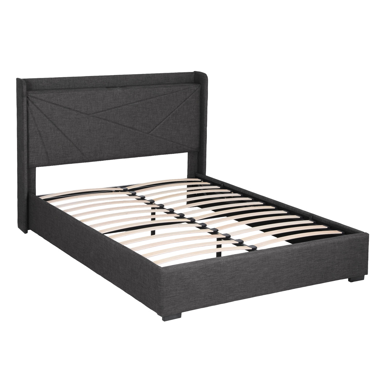 Artiss Double Bed Frame Gas Lift Storage Bed with Charging Ports Upholstered Headboard Charcoal Grey