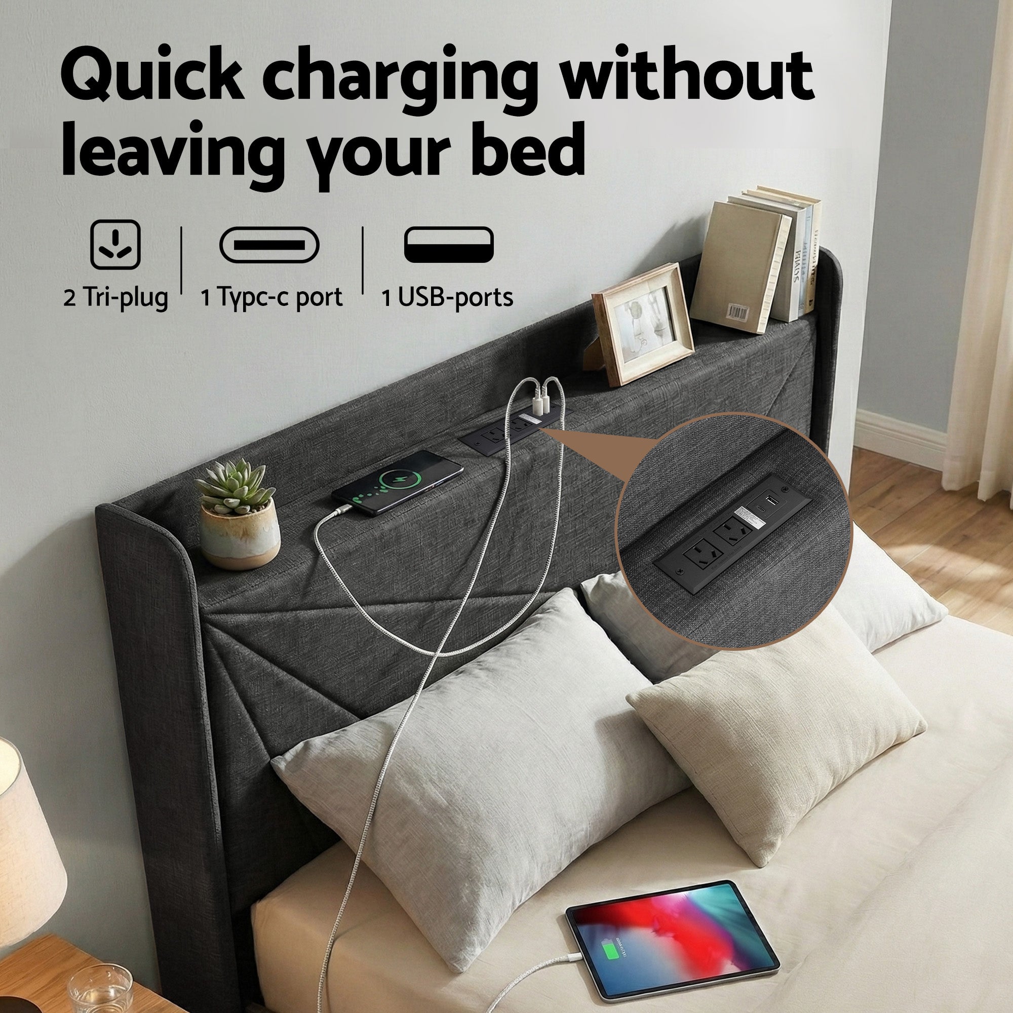 Artiss Double Bed Frame Gas Lift Storage Bed with Charging Ports Upholstered Headboard Charcoal Grey