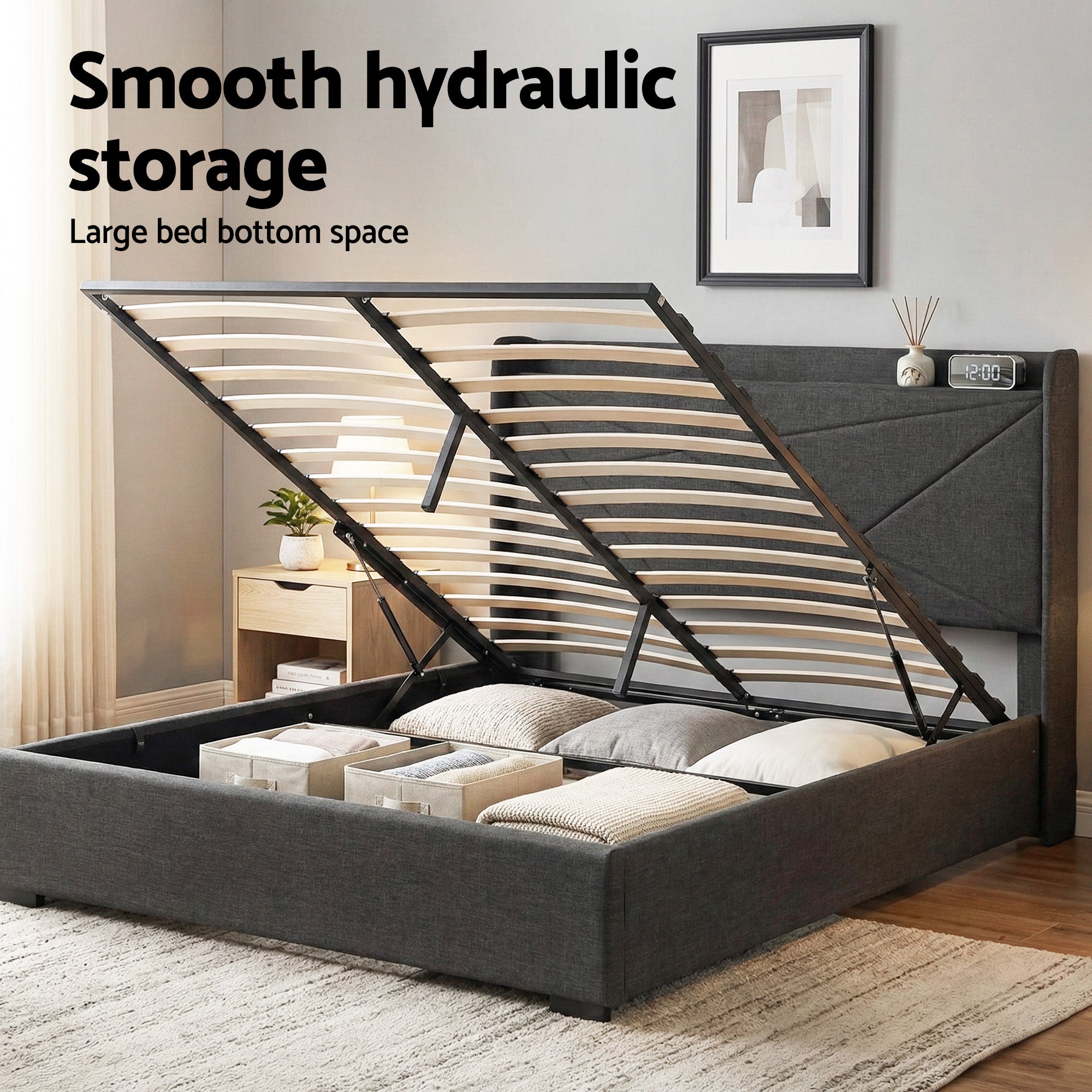 Artiss Double Bed Frame Gas Lift Storage Bed with Charging Ports Upholstered Headboard Charcoal Grey