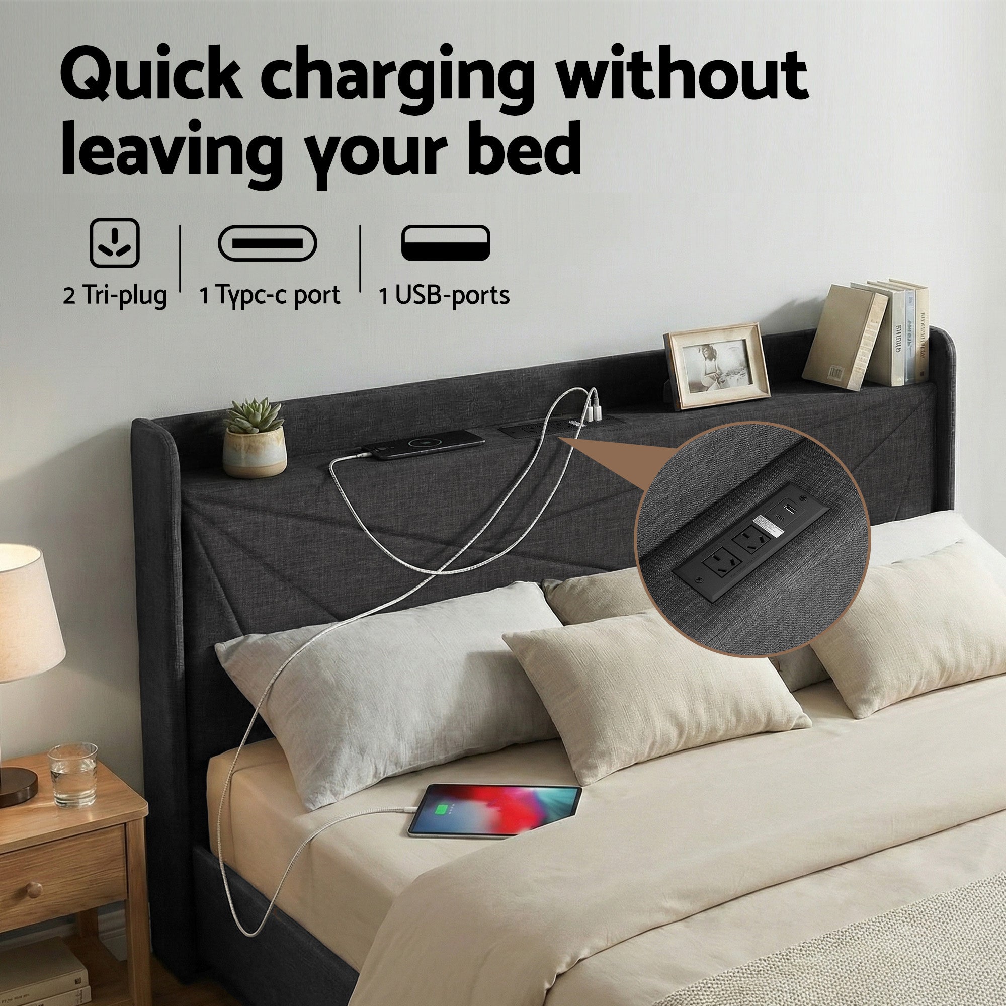Artiss King Bed Frame Gas Lift Storage Bed with Charging Ports Upholstered Headboard Charcoal Grey