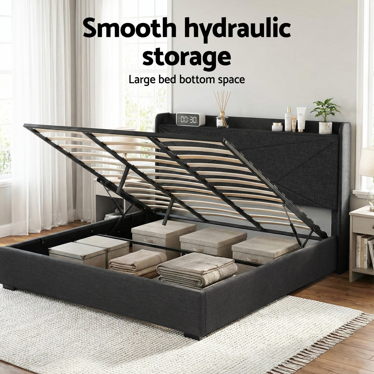 Artiss King Bed Frame Gas Lift Storage Bed with Charging Ports Upholstered Headboard Charcoal Grey