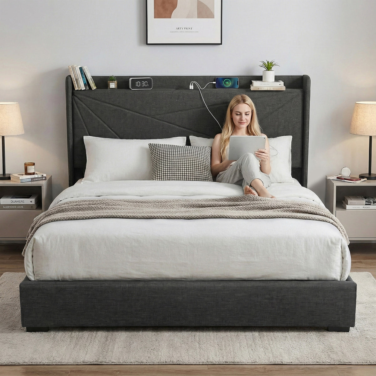 Artiss King Bed Frame Gas Lift Storage Bed with Charging Ports Upholstered Headboard Charcoal Grey