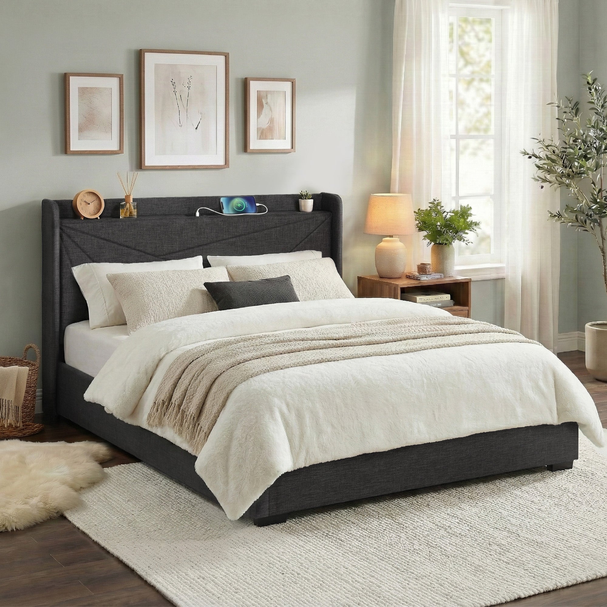 Artiss King Bed Frame Gas Lift Storage Bed with Charging Ports Upholstered Headboard Charcoal Grey