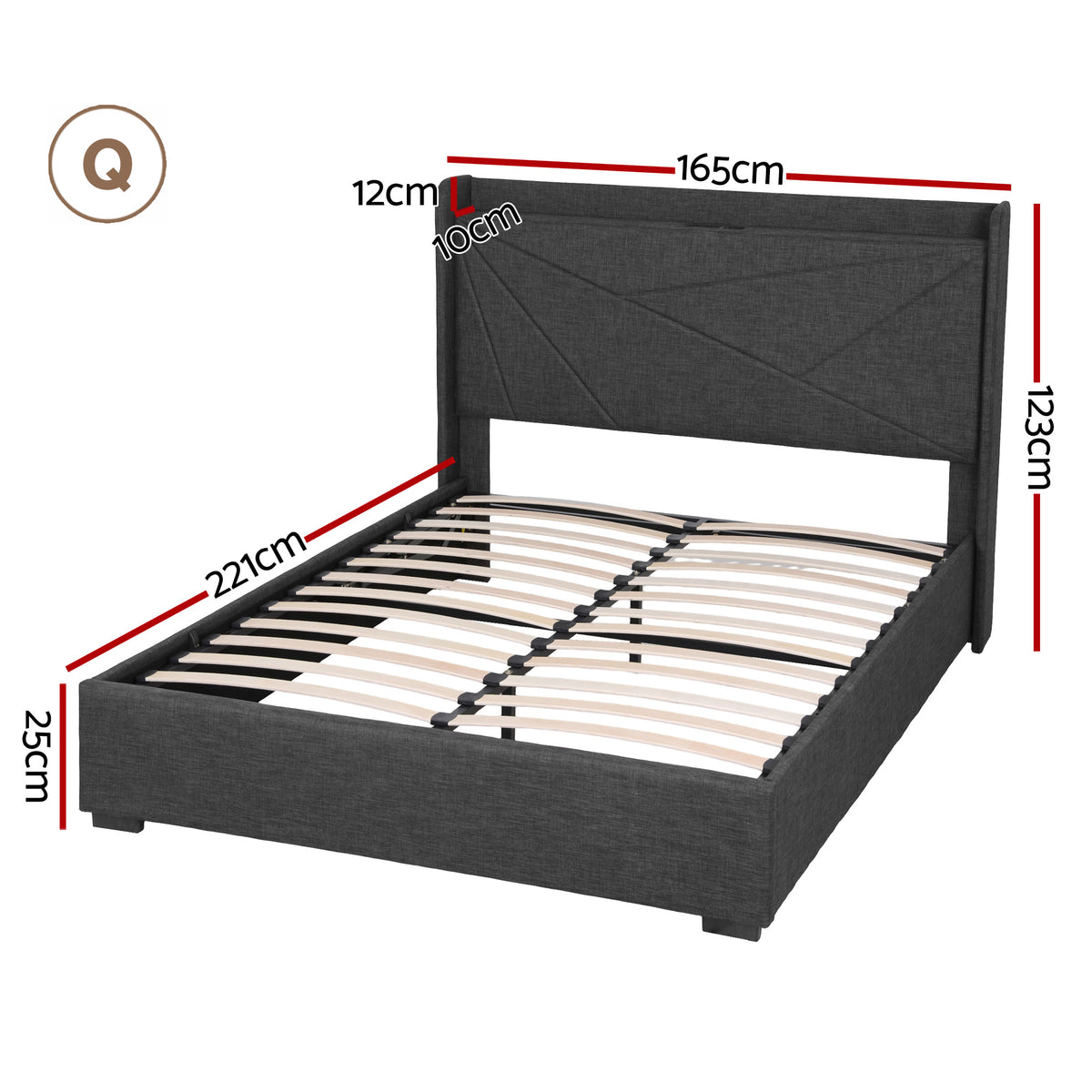 Artiss Queen Bed Frame Gas Lift Storage Bed with Charging Ports Upholstered Headboard Charcoal Grey
