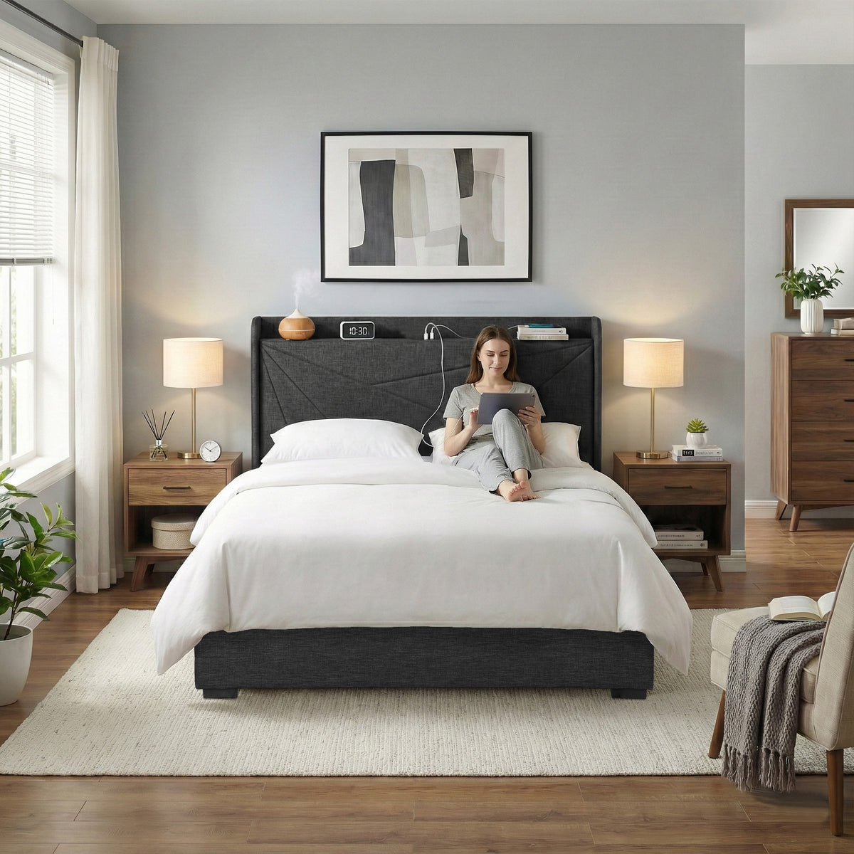 Artiss Queen Bed Frame Gas Lift Storage Bed with Charging Ports Upholstered Headboard Charcoal Grey