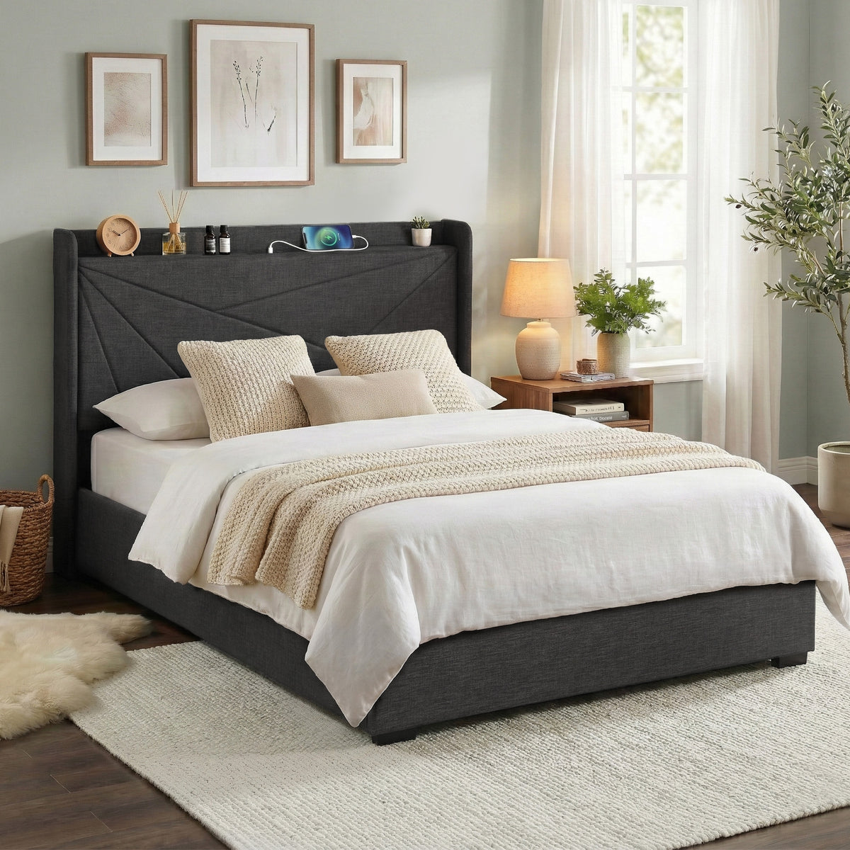 Artiss Queen Bed Frame Gas Lift Storage Bed with Charging Ports Upholstered Headboard Charcoal Grey
