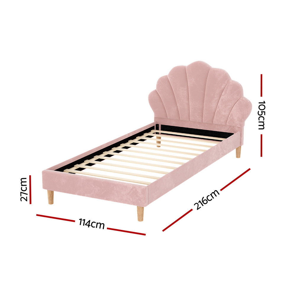 Artiss Bed Frame King Single Size Scallop-Shape Bedhead Beds Base Pink Velvet Fabric