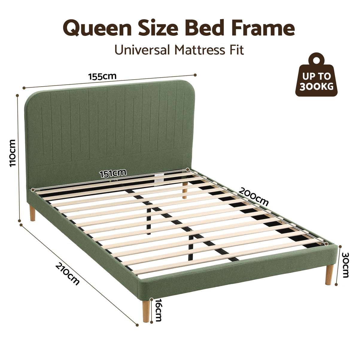 Artiss Queen Bed Frame, Green Fabric, Padded Headboard, 300kg Capacity