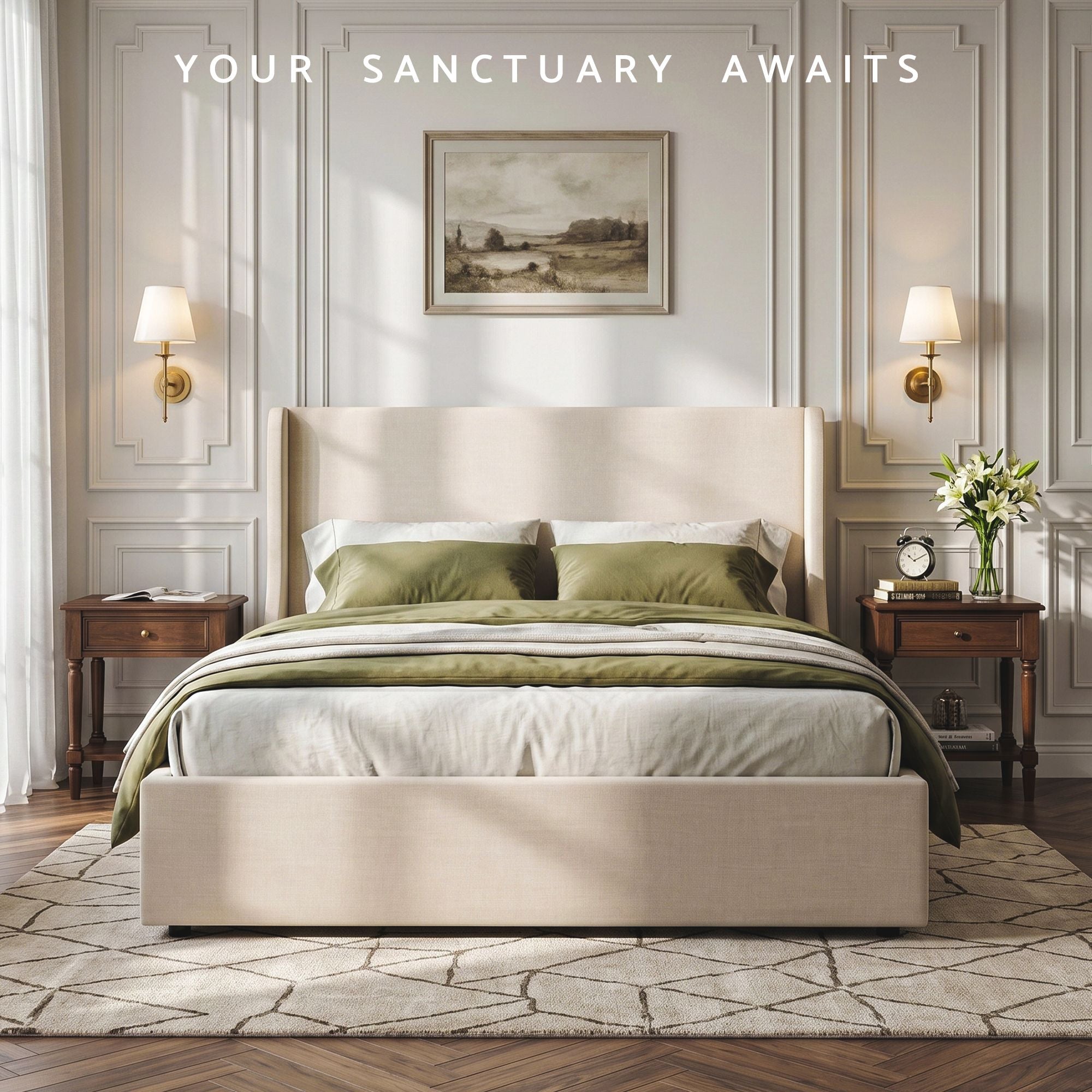 Artiss Double Upholstered Bed Frame with 3 Storage Drawers Wingback Headboard Heavy Duty Metal Platform Base