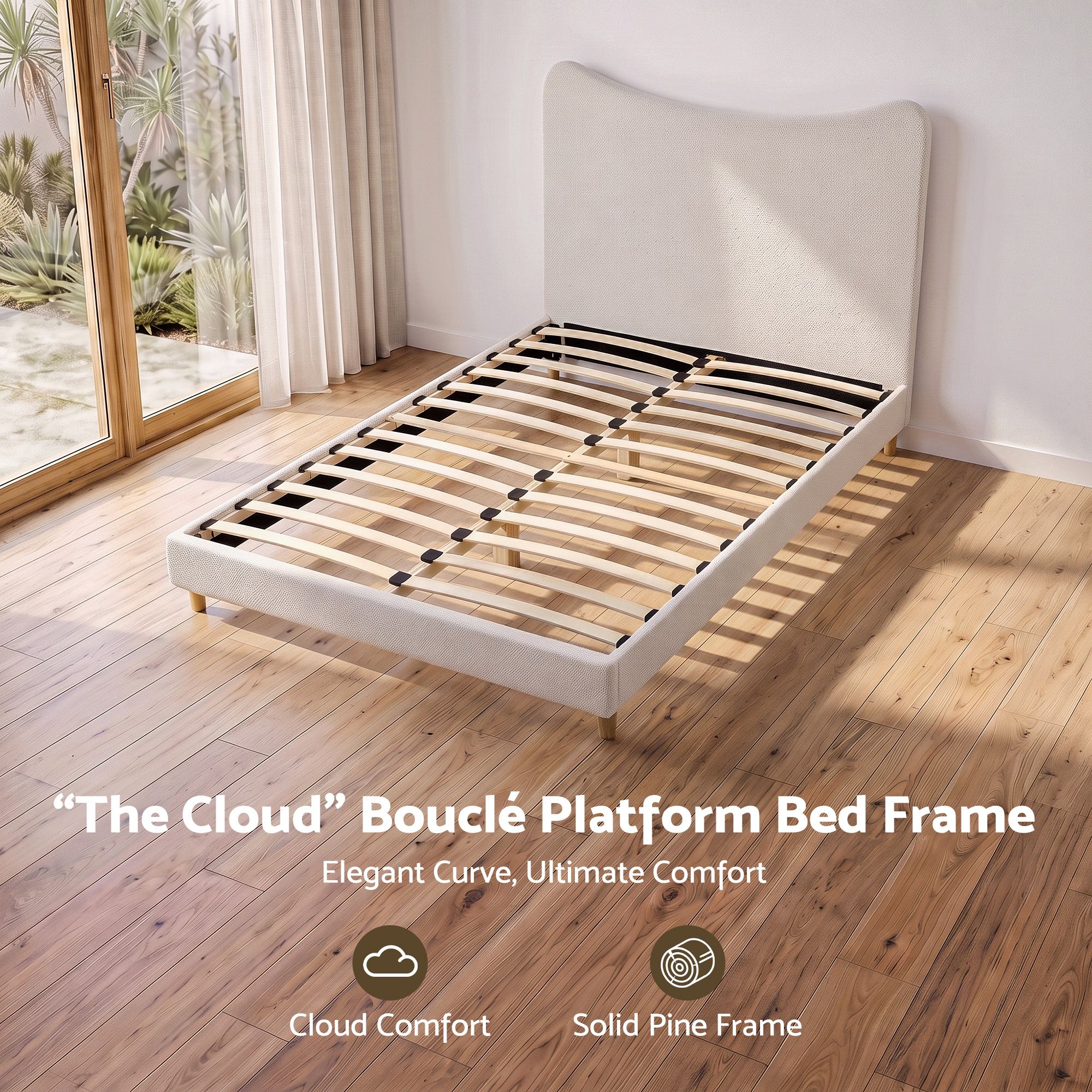 Artiss Double Bed Frame with Boucle Headboard with 300kg Capacity Beige