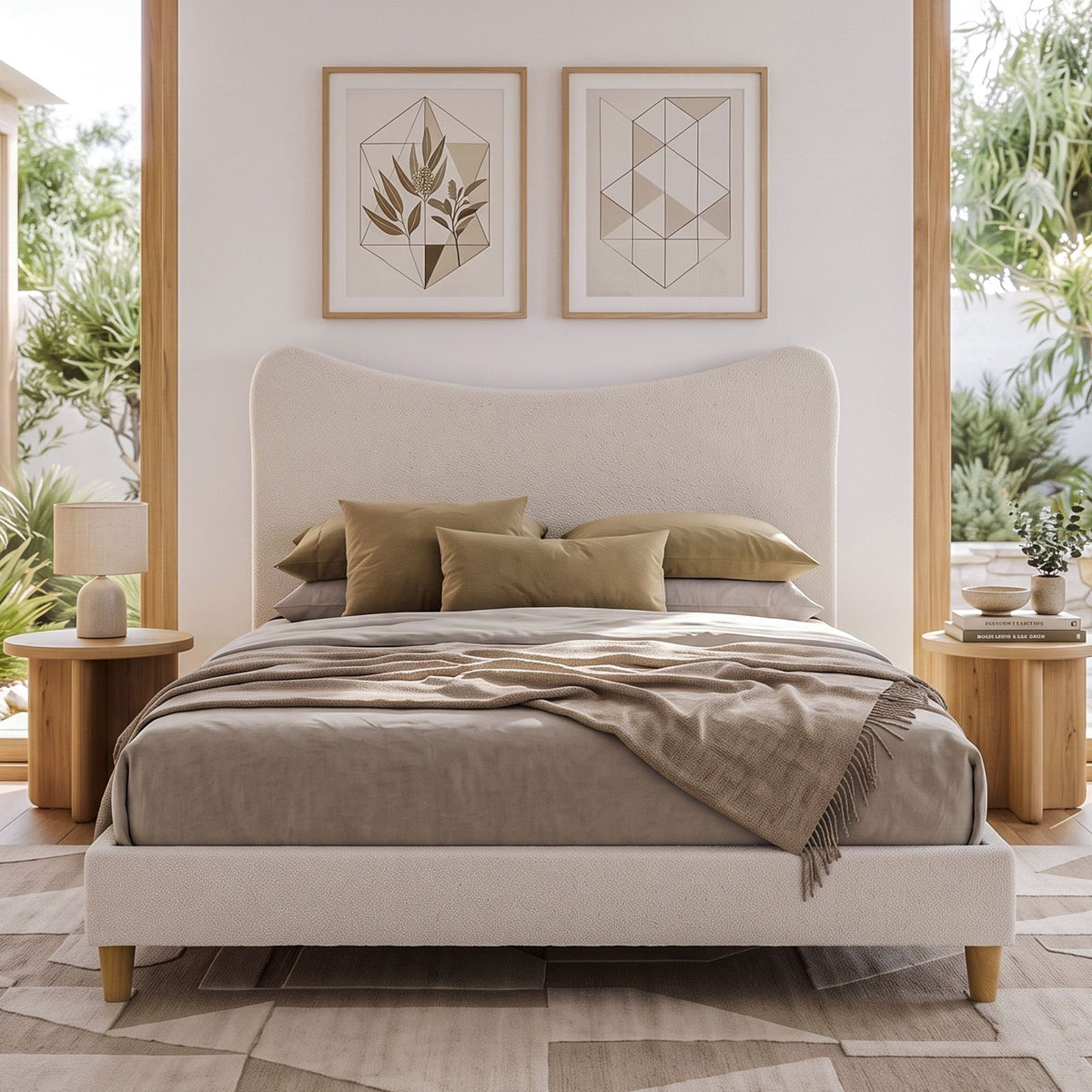 Artiss Double Bed Frame with Boucle Headboard with 300kg Capacity Beige