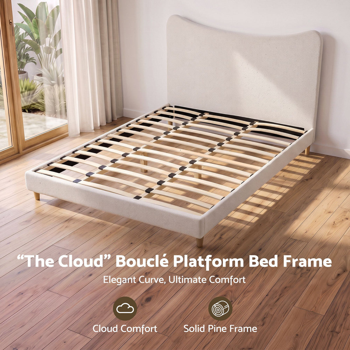 Artiss King Bed Frame with Boucle Headboard with 300kg Capacity Beige