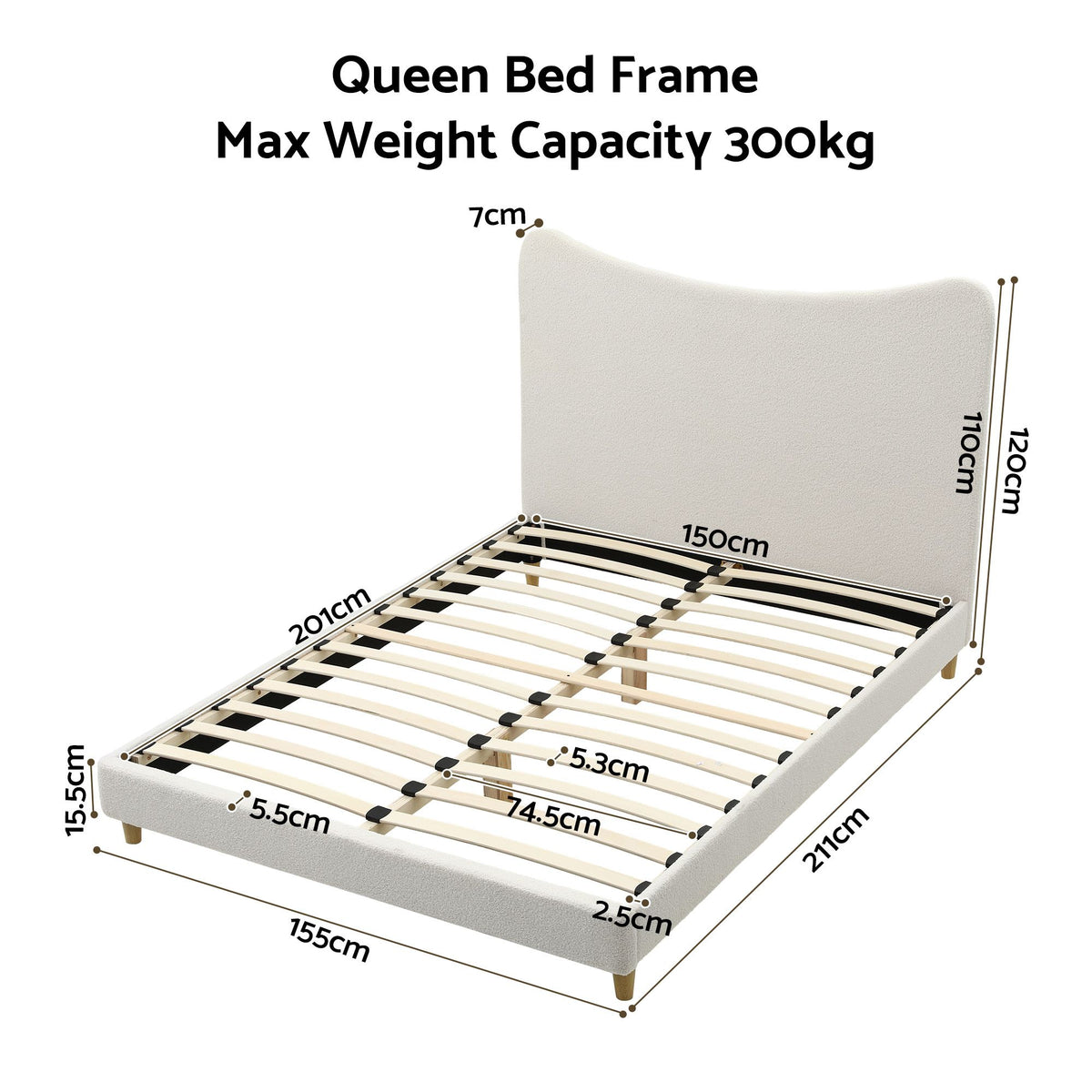Artiss Queen Bed Frame with Boucle Headboard with 300kg Capacity Beige