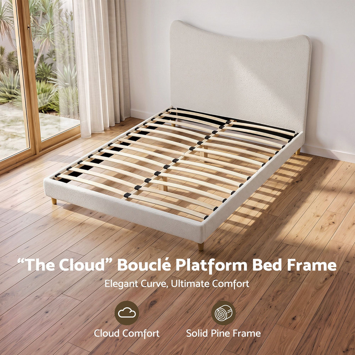 Artiss Queen Bed Frame with Boucle Headboard with 300kg Capacity Beige
