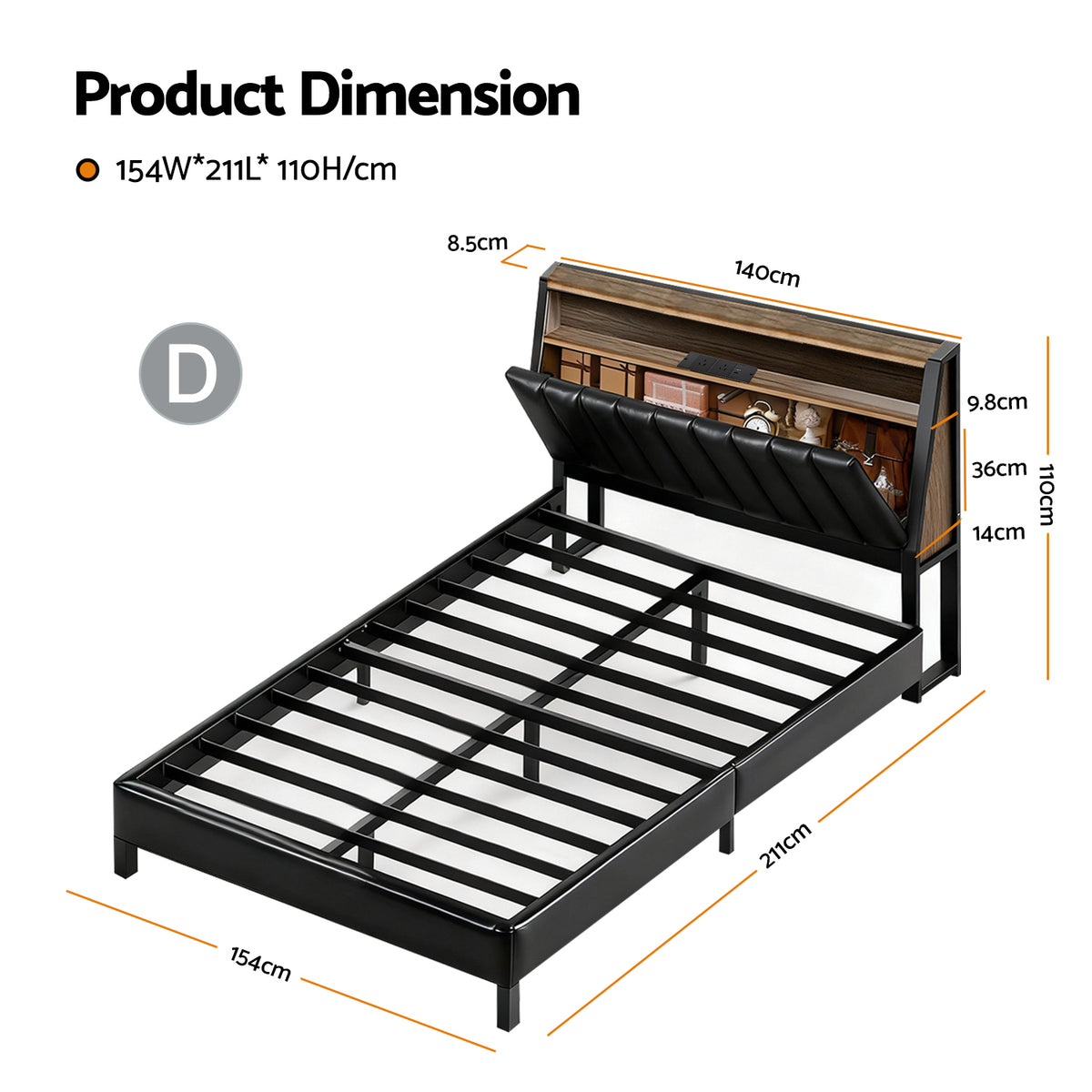 Artiss Double Bed Frame LED Storage Headboard with Charging Station Black