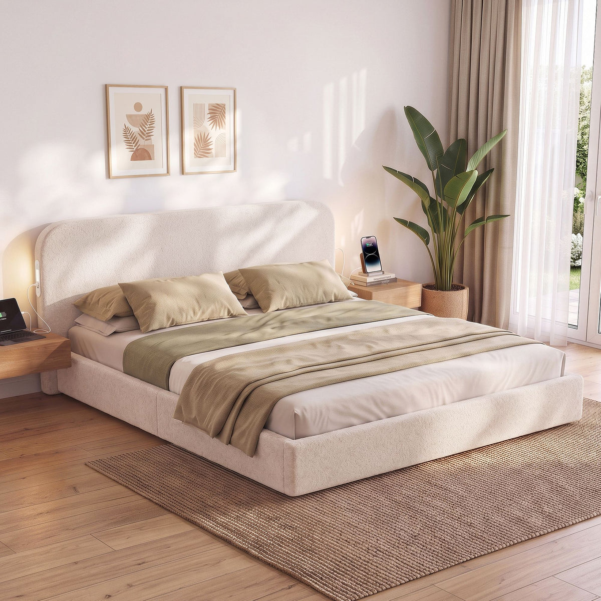 Artiss King Bed Frame Bouclé Headboard USB-C Night Light 100cm