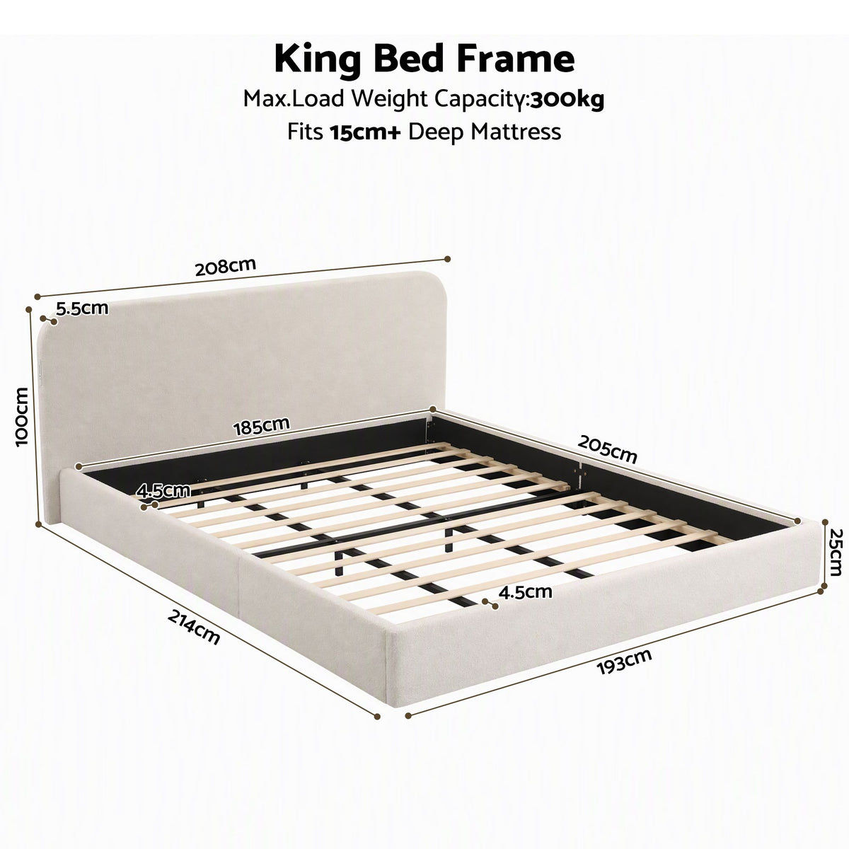 Artiss King Bed Frame Bouclé Headboard USB-C Night Light 100cm