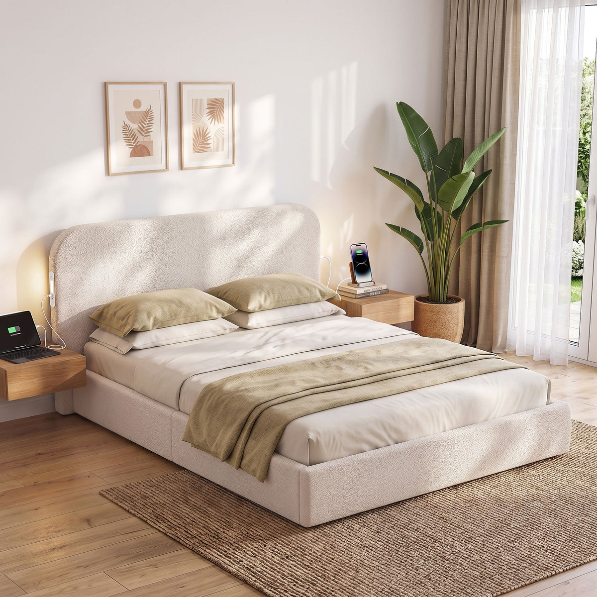 Artiss Queen Bed Frame with Bouclé Headboard USB-C Night Light 100cm