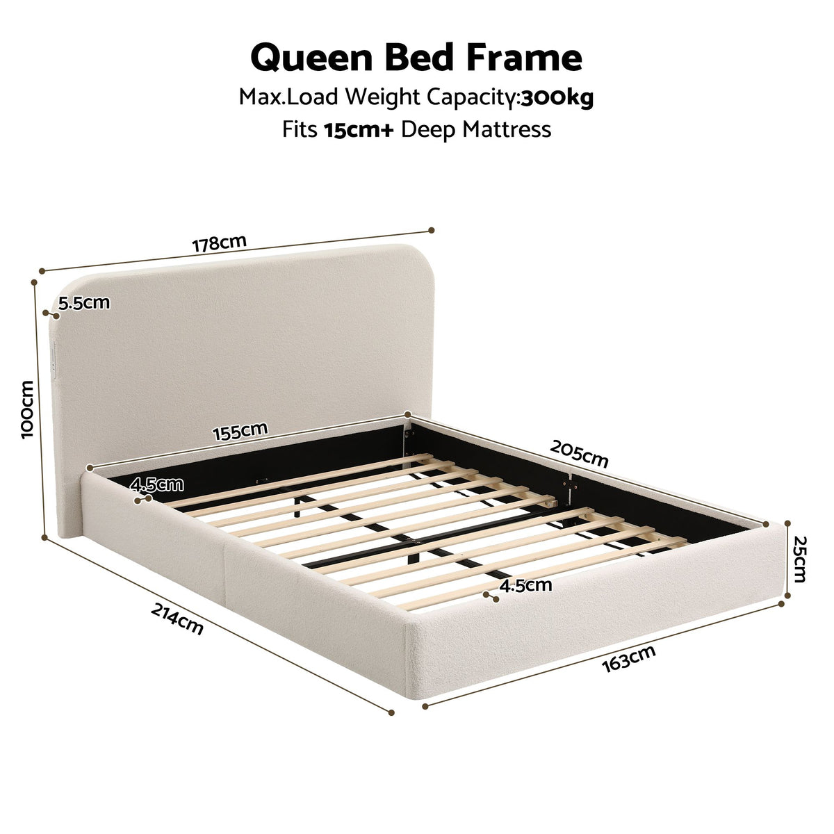 Artiss Queen Bed Frame with Bouclé Headboard USB-C Night Light 100cm