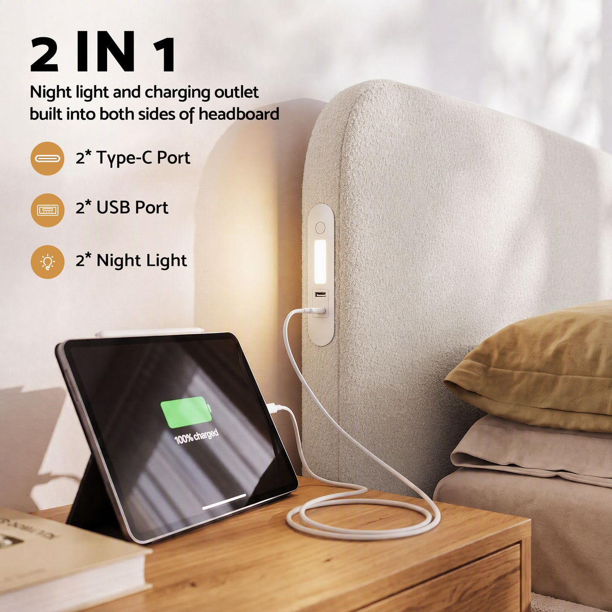 Artiss Queen Bed Frame with Bouclé Headboard USB-C Night Light 100cm