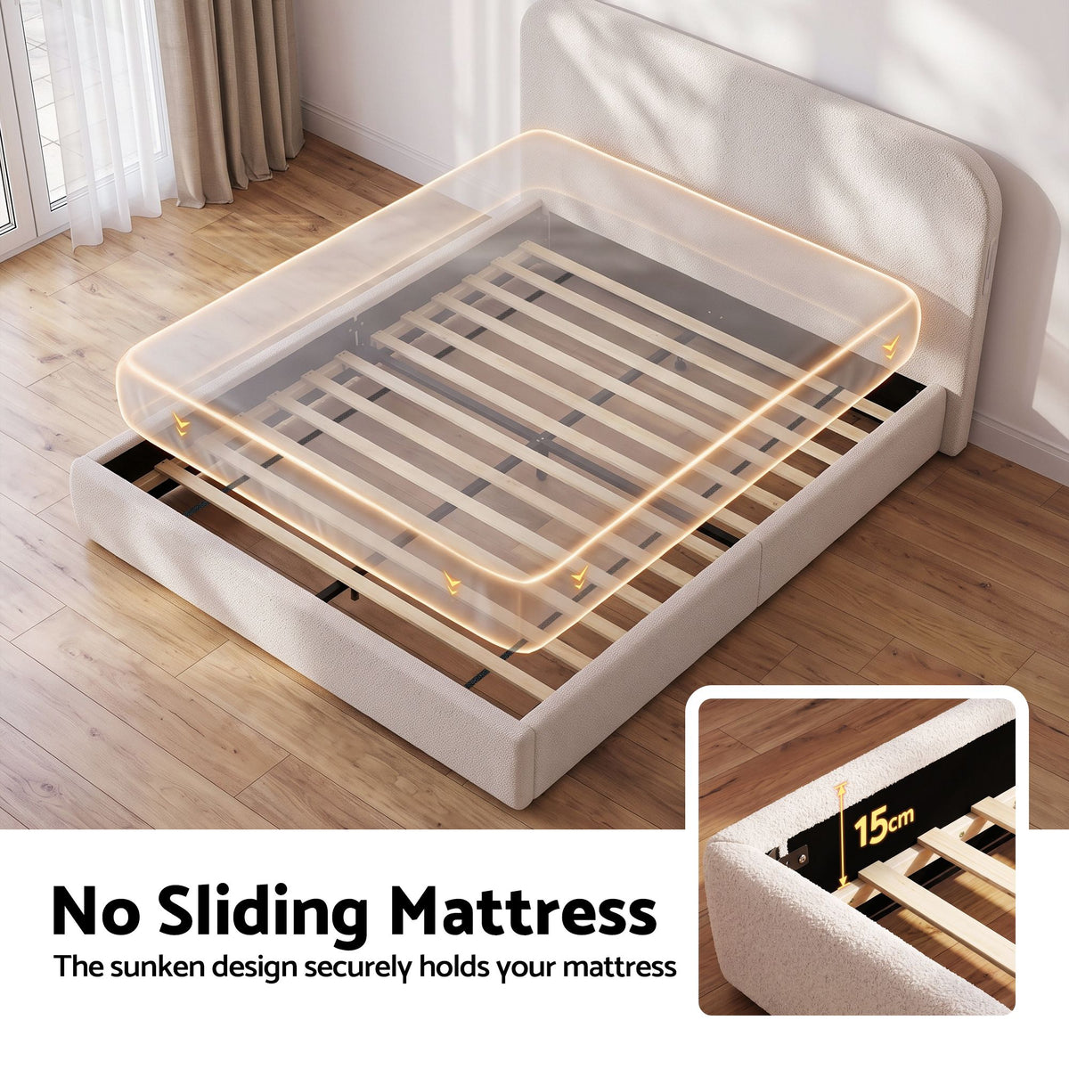 Artiss Queen Bed Frame with Bouclé Headboard USB-C Night Light 100cm