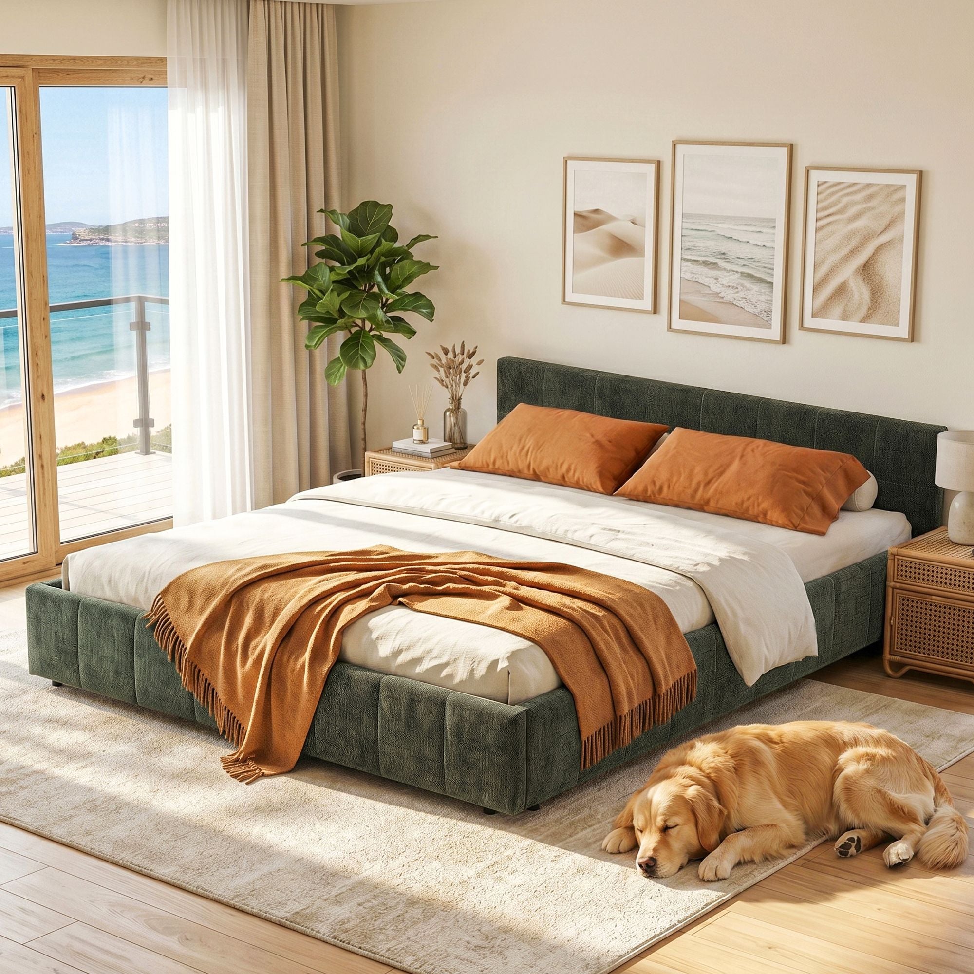 Artiss Double Bed Frame Chenille Heavy Duty Platform Base Green
