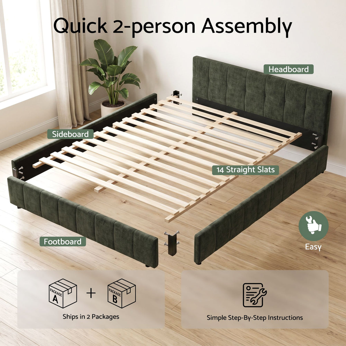 Artiss Double Bed Frame Chenille Heavy Duty Platform Base Green
