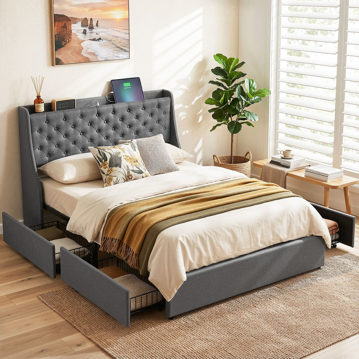Artiss Double Bed Frame with 4 Storage Drawers, Tufted Headboard & Charging Station