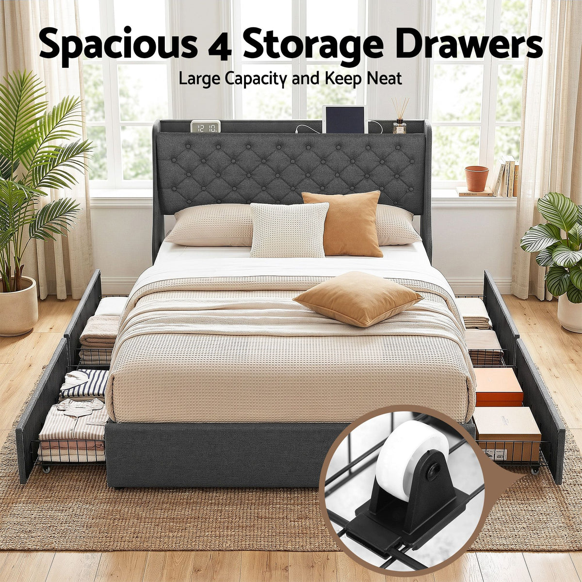 Artiss Double Bed Frame with 4 Storage Drawers, Tufted Headboard & Charging Station