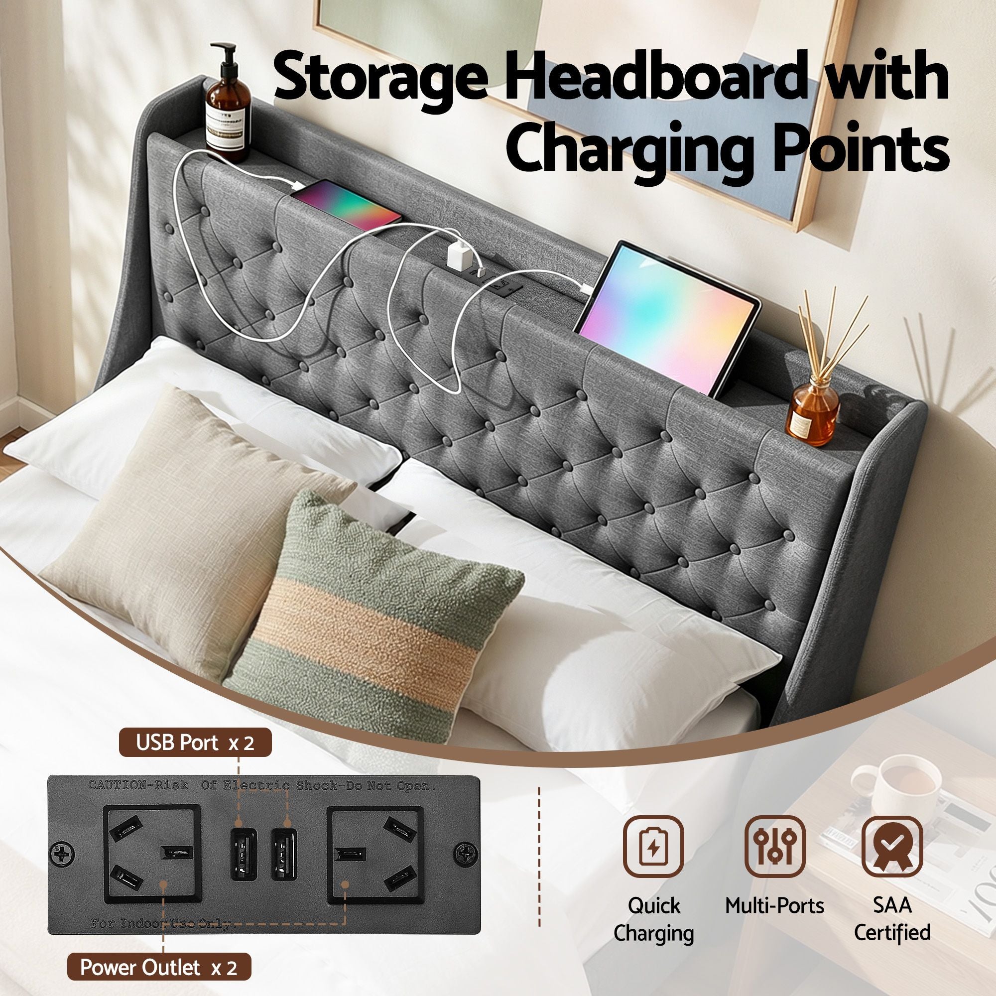 Artiss Double Bed Frame with 4 Storage Drawers, Tufted Headboard & Charging Station