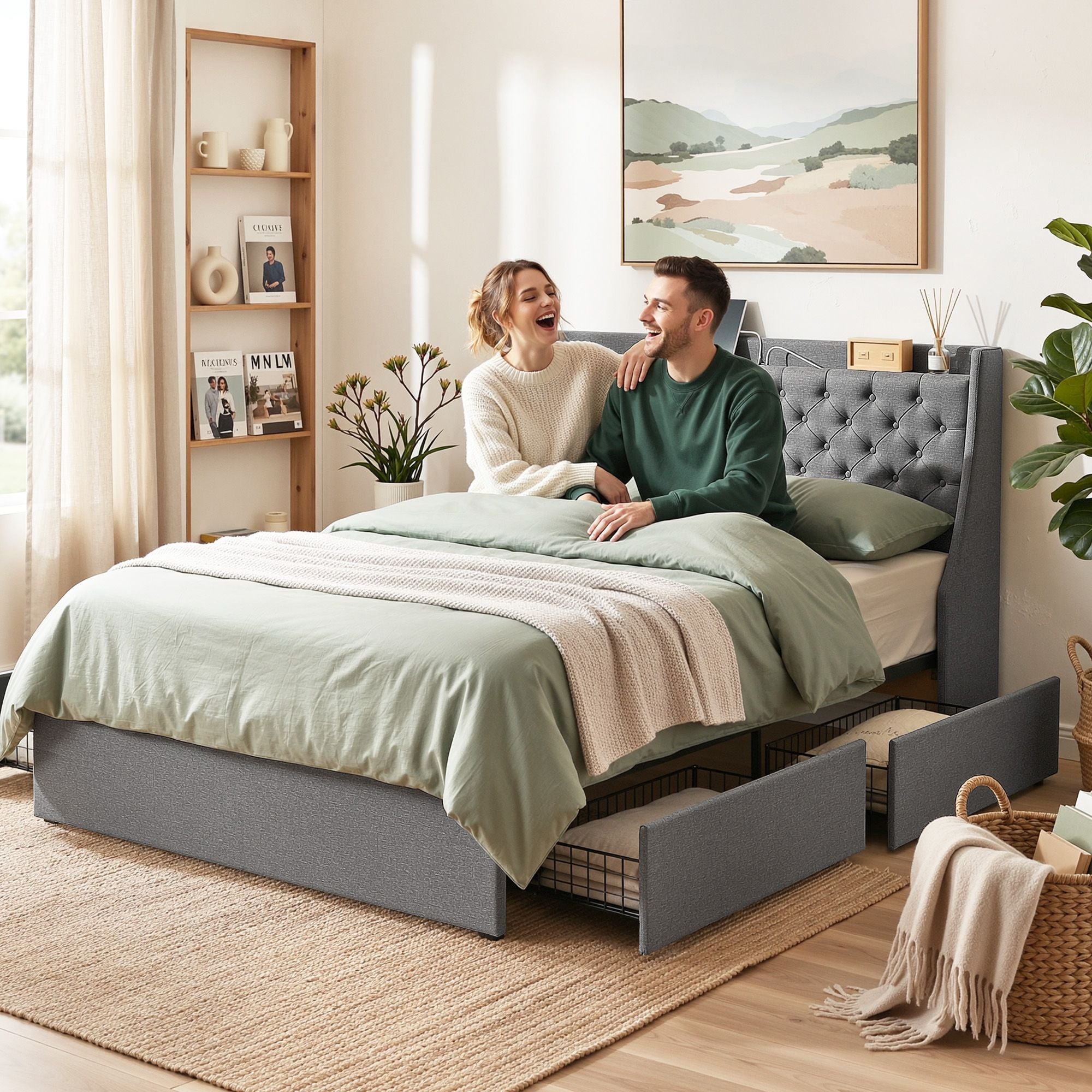 Artiss Double Bed Frame with 4 Storage Drawers, Tufted Headboard & Charging Station