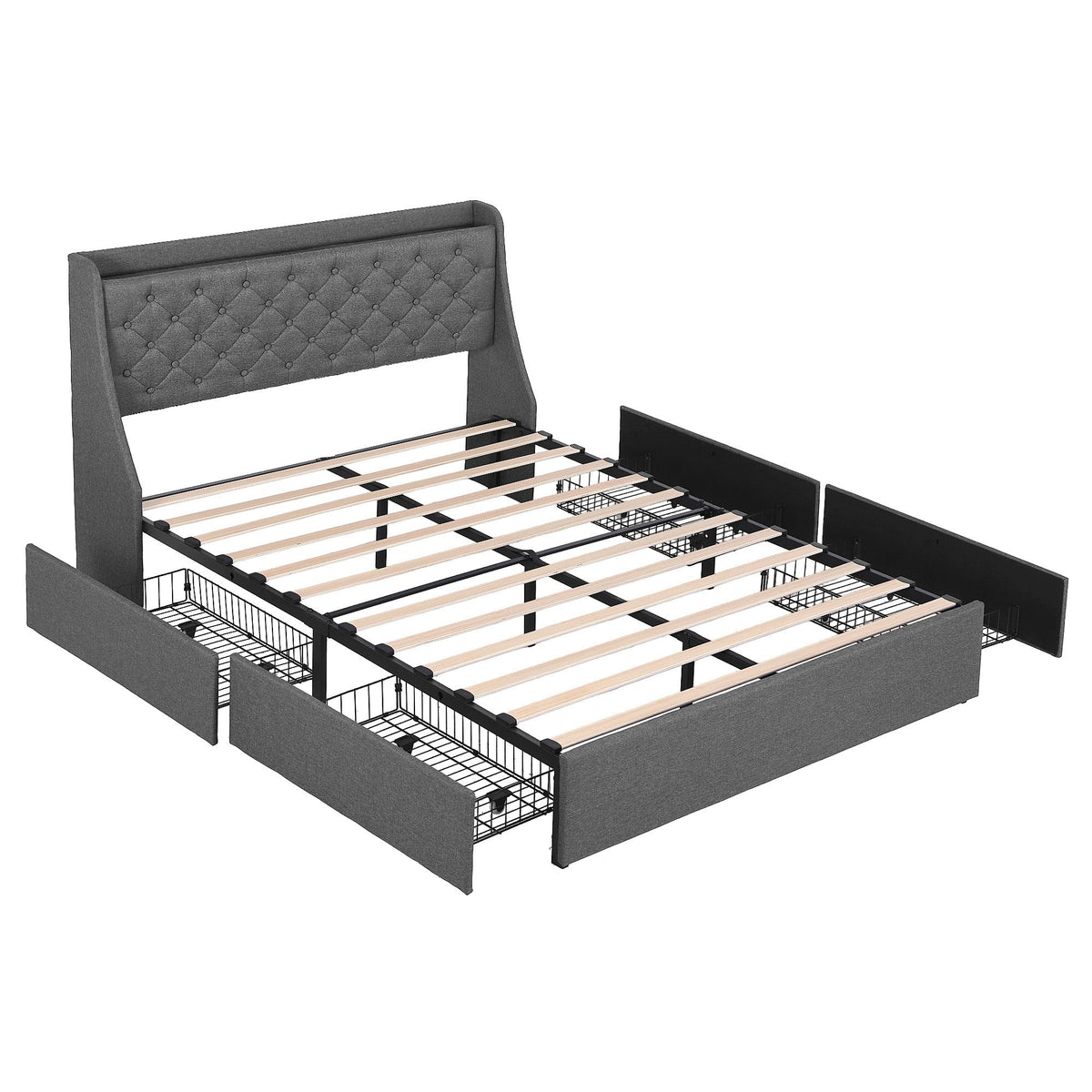 Artiss Double Bed Frame with 4 Storage Drawers, Tufted Headboard & Charging Station
