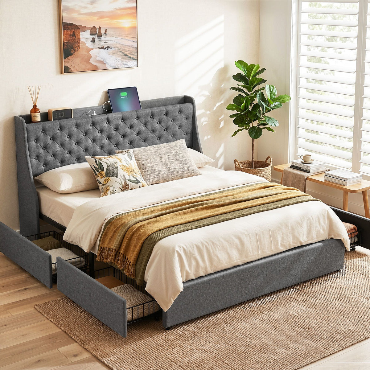 Artiss King Bed Frame with 4 Storage Drawers, Tufted Headboard & Charging Station