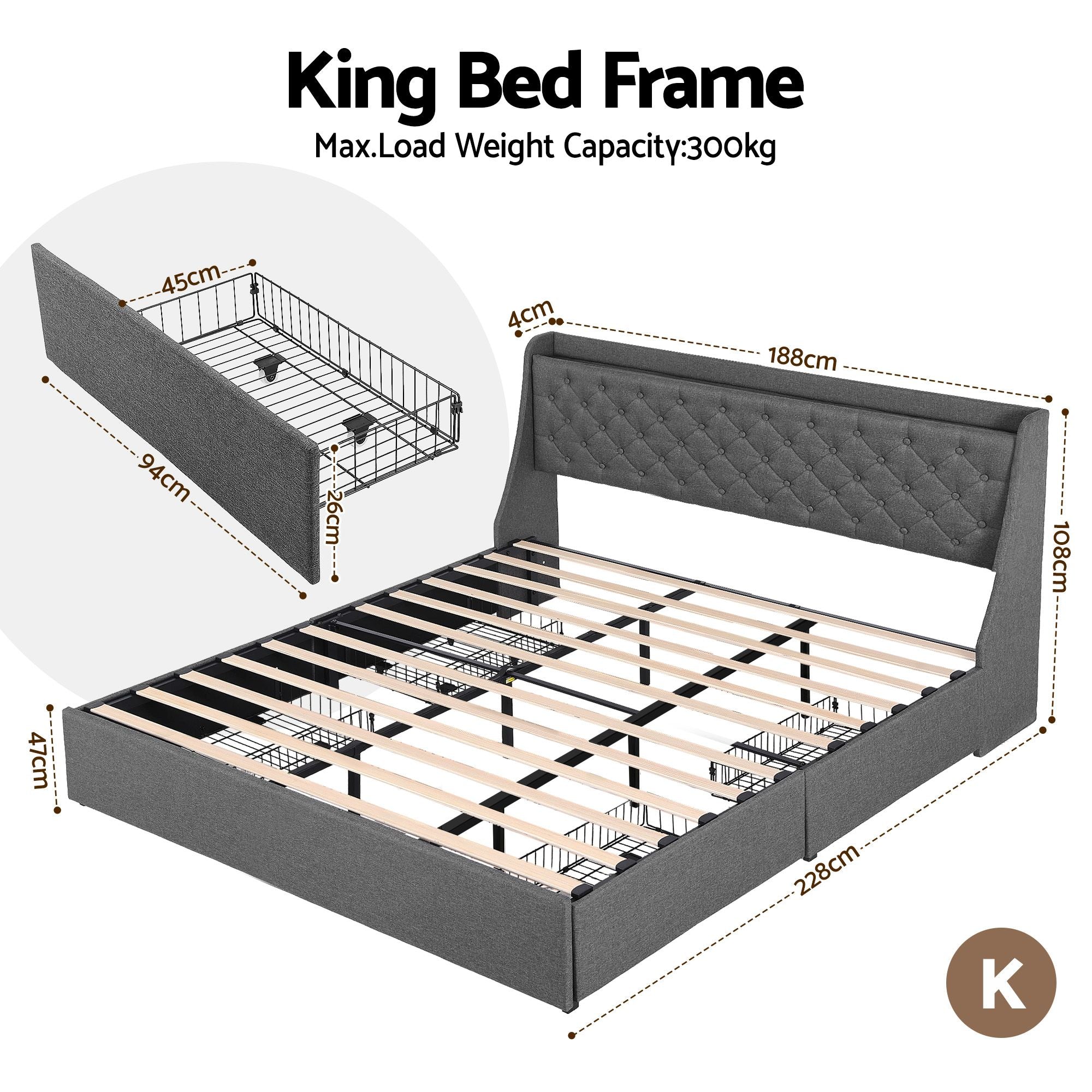 Artiss King Bed Frame with 4 Storage Drawers, Tufted Headboard & Charging Station
