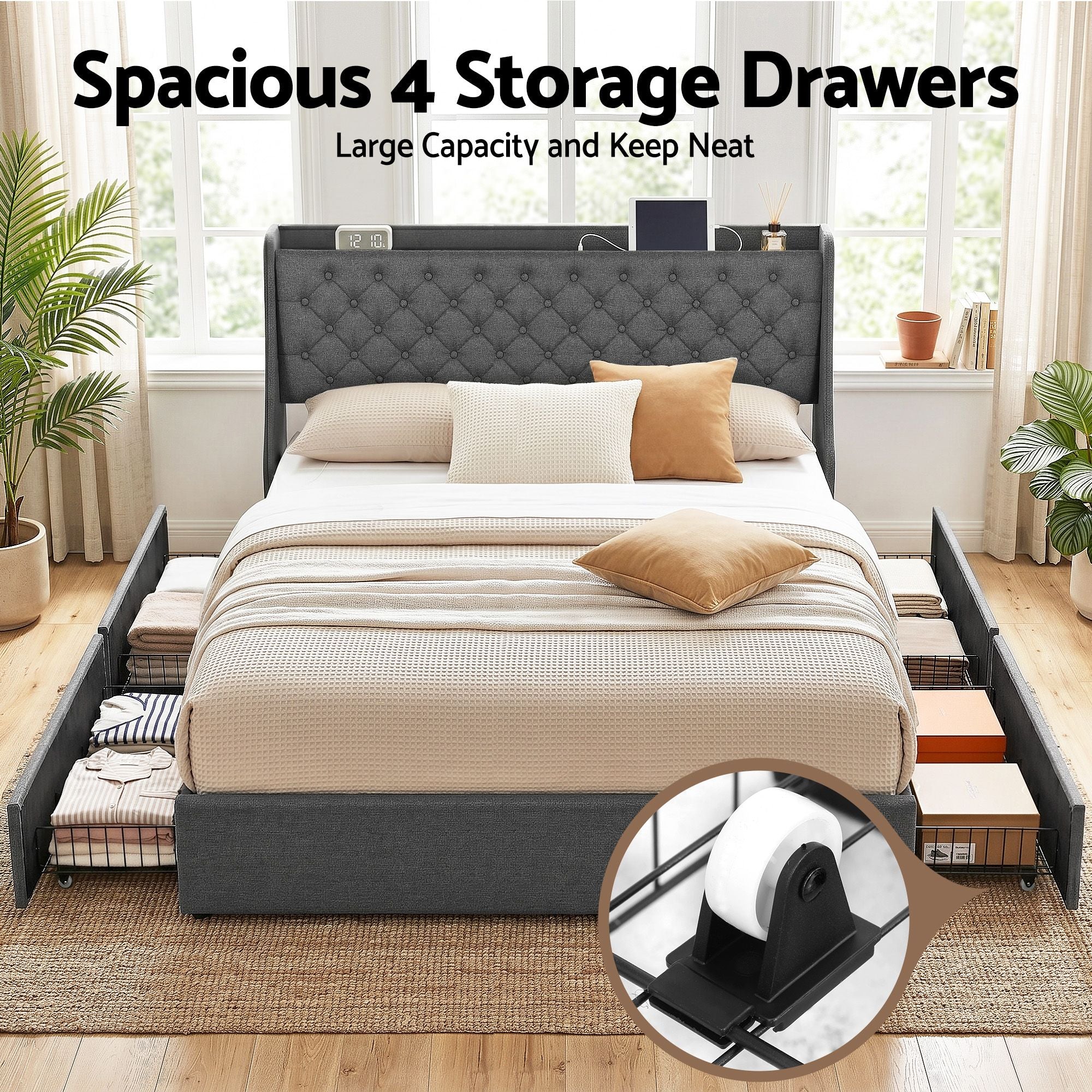 Artiss King Bed Frame with 4 Storage Drawers, Tufted Headboard & Charging Station