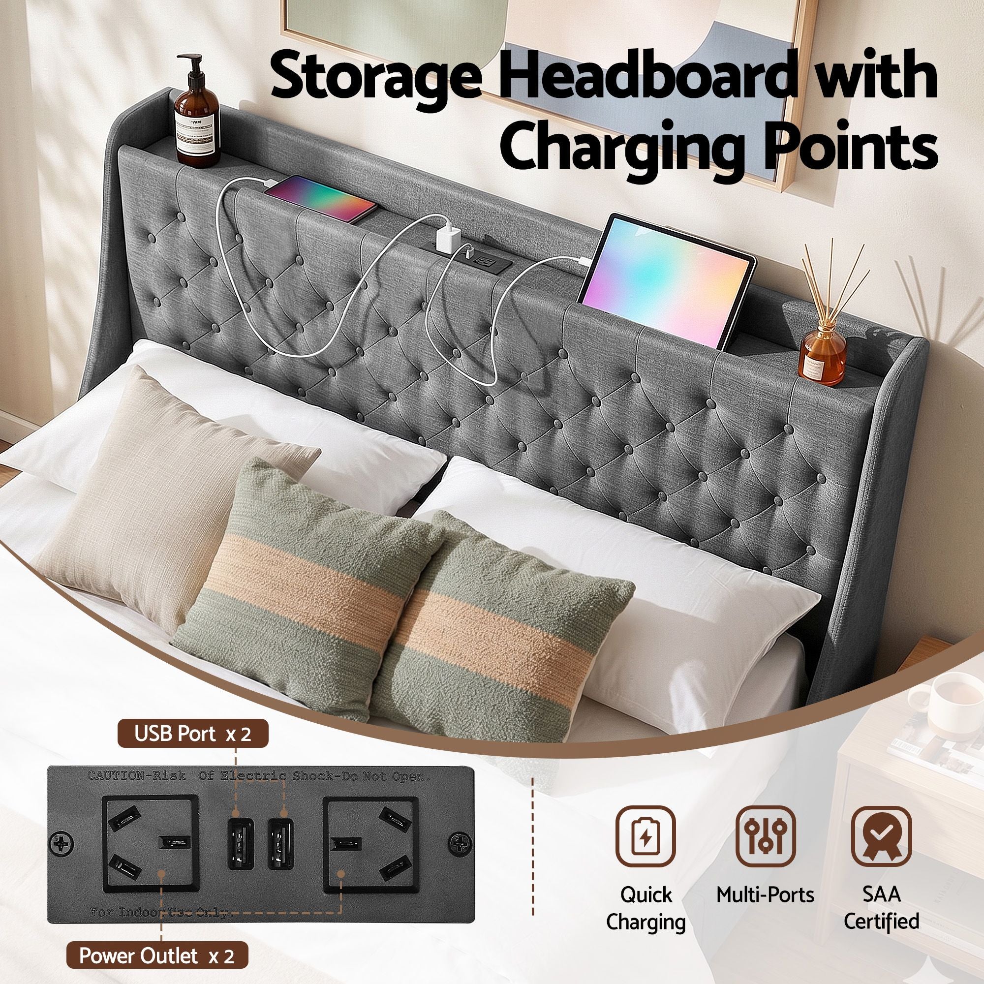 Artiss King Bed Frame with 4 Storage Drawers, Tufted Headboard & Charging Station