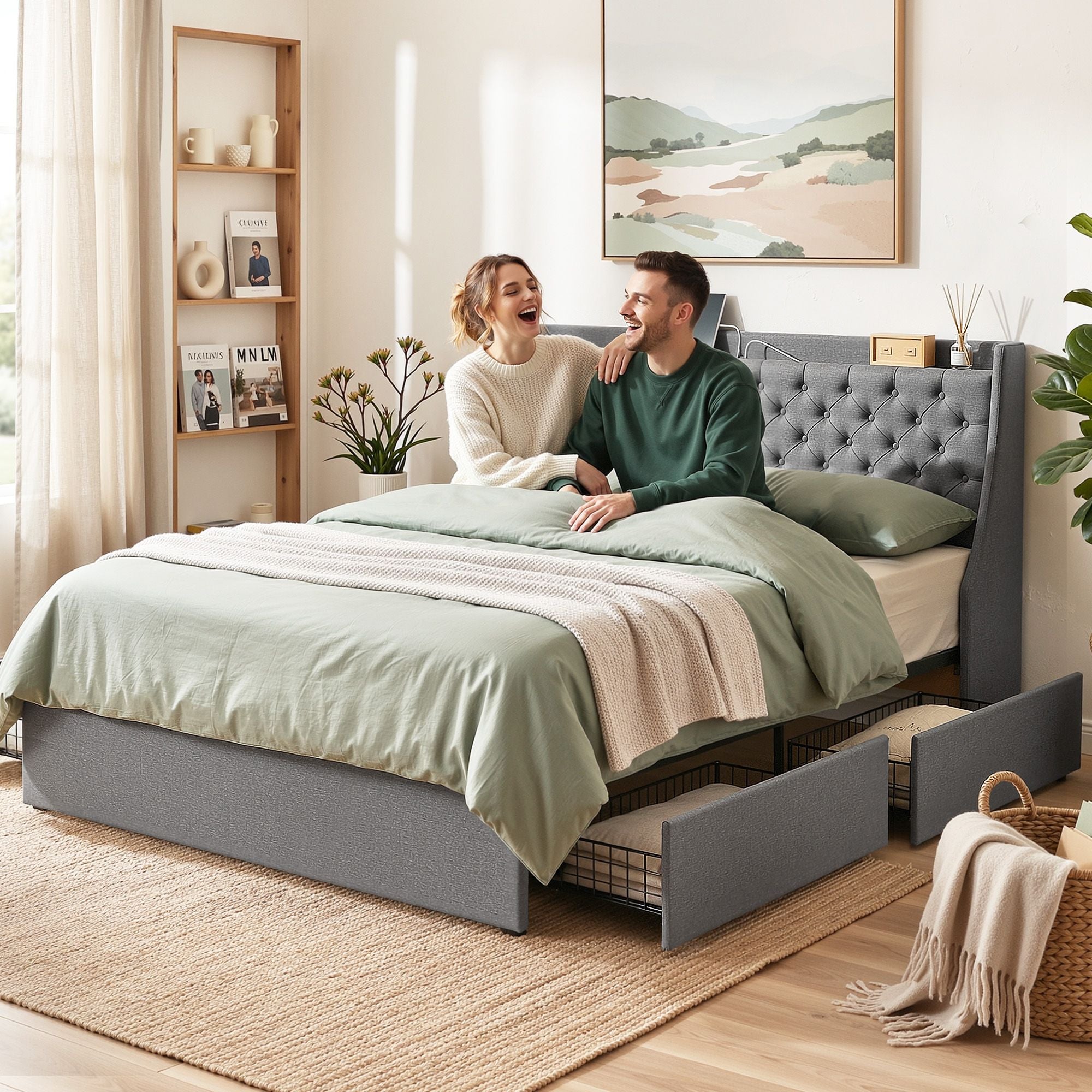 Artiss King Bed Frame with 4 Storage Drawers, Tufted Headboard & Charging Station