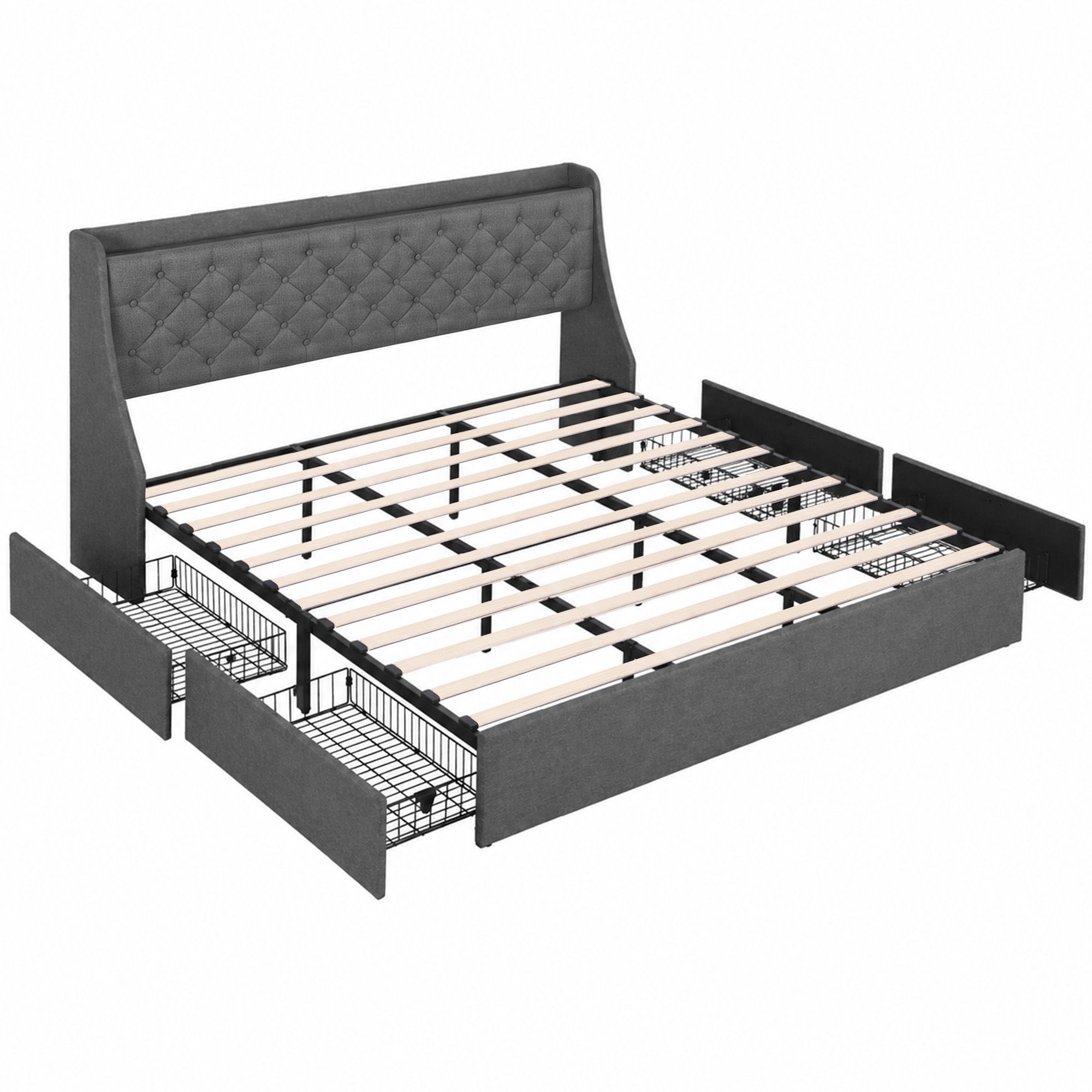 Artiss King Bed Frame with 4 Storage Drawers, Tufted Headboard & Charging Station