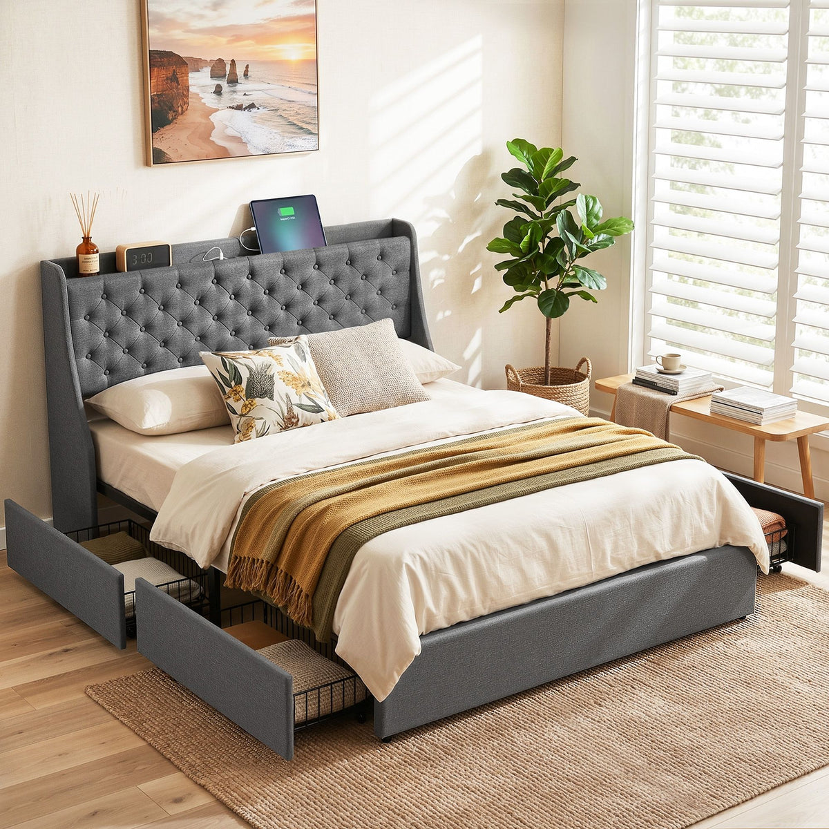 Artiss Queen Bed Frame with 4 Storage Drawers, Tufted Headboard & Charging Station