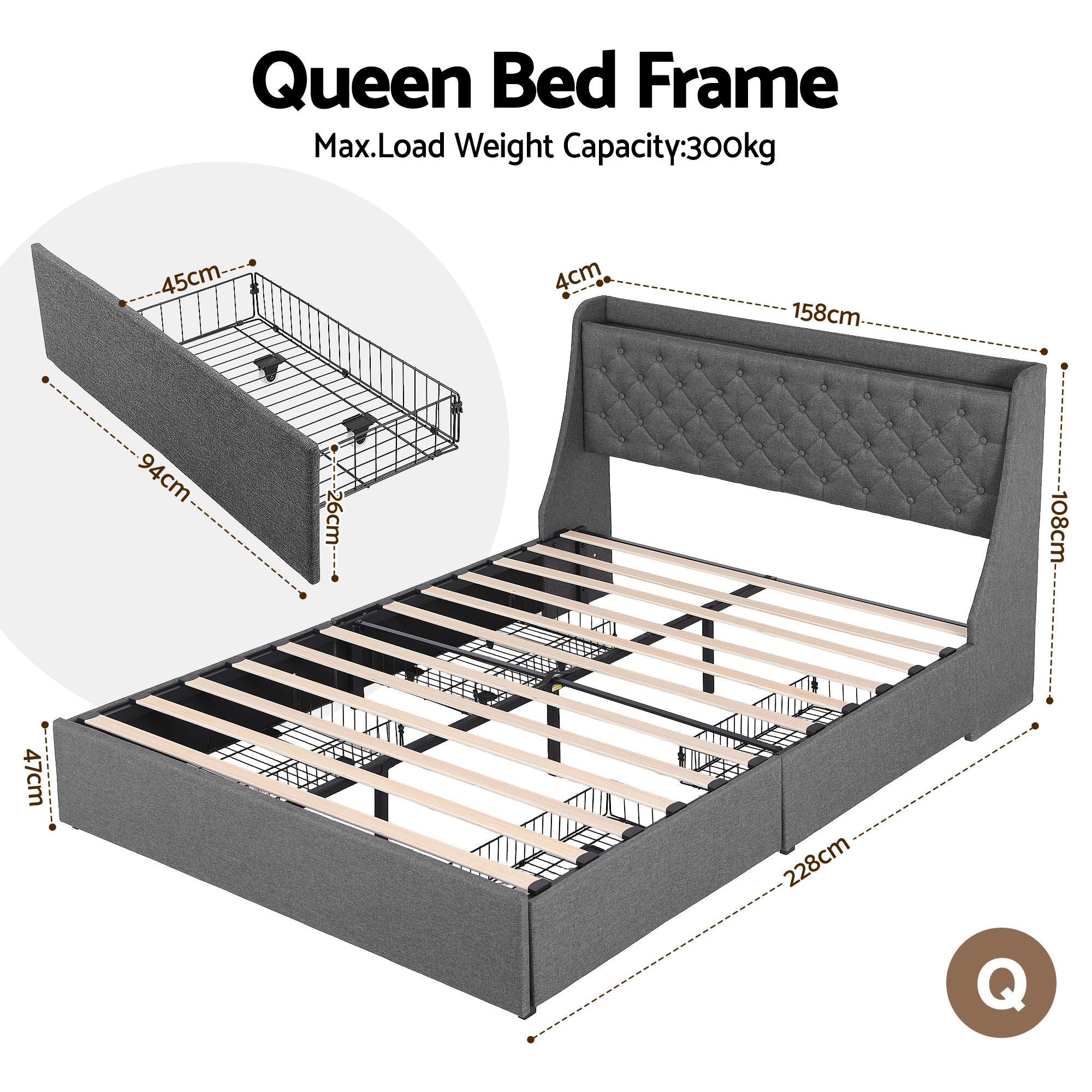 Artiss Queen Bed Frame with 4 Storage Drawers, Tufted Headboard & Charging Station