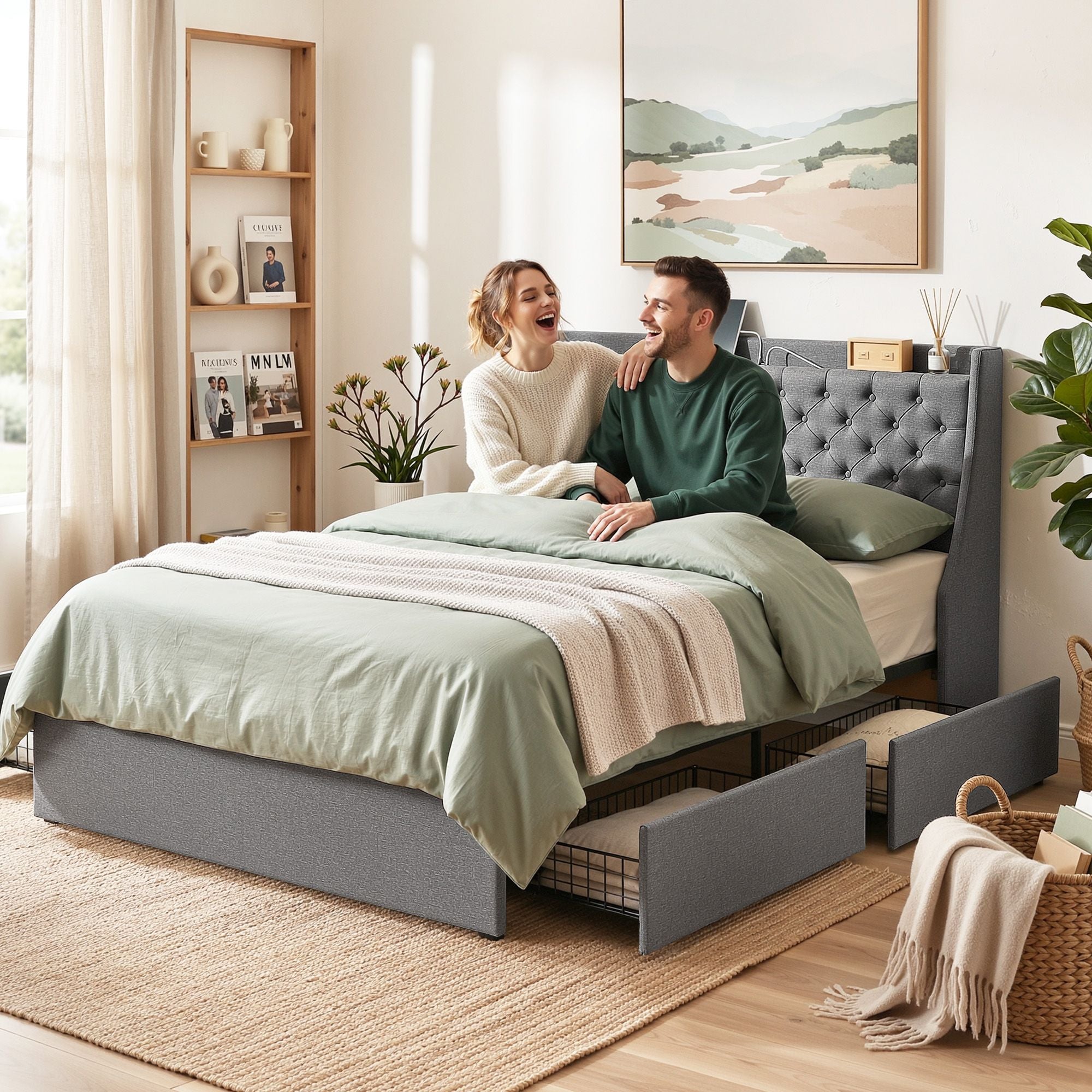 Artiss Queen Bed Frame with 4 Storage Drawers, Tufted Headboard & Charging Station